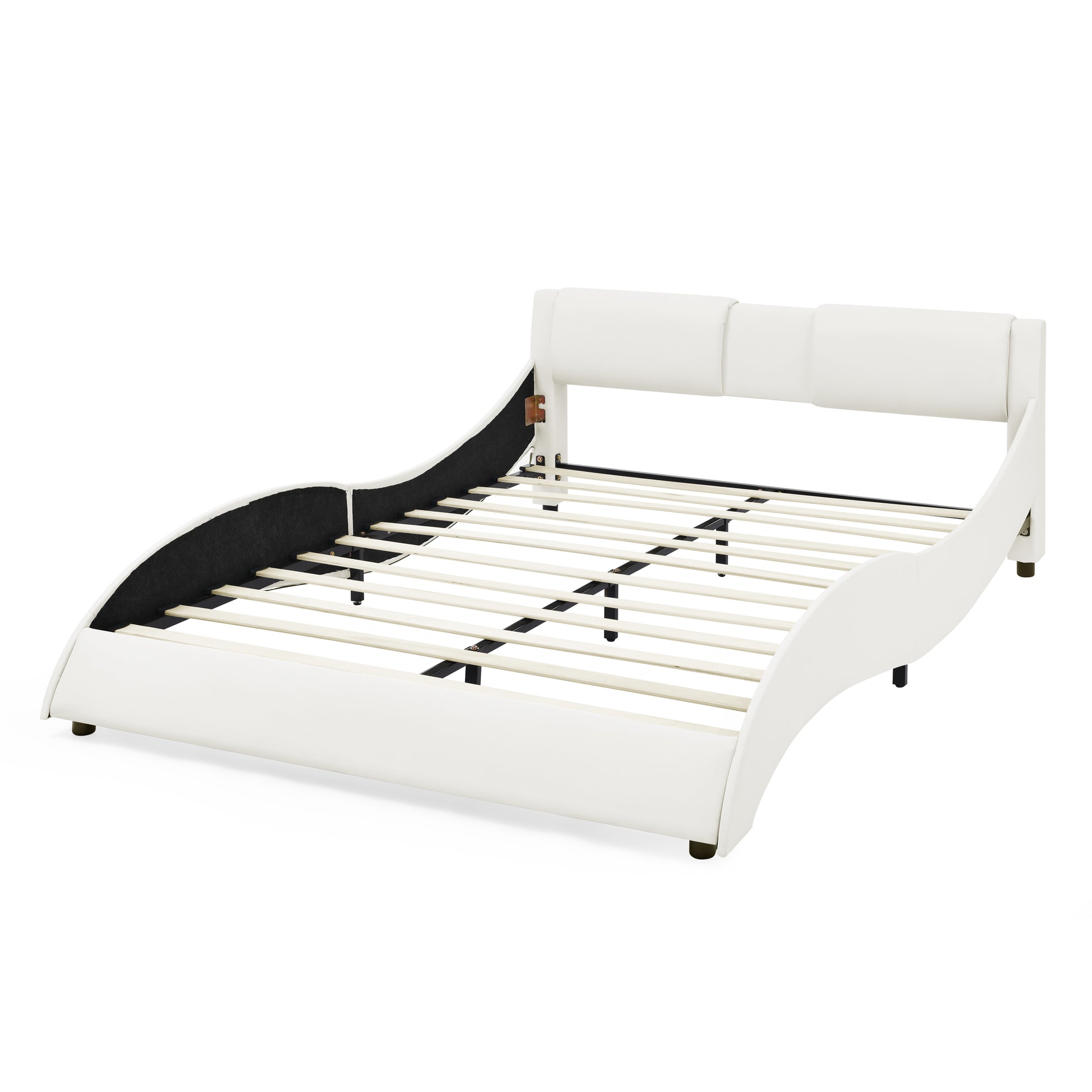 Queen Bed Frame Modern Faux Leather Upholstered Platform Bed Frame With And Headboard Wave Like Curve Low Profile Bed Frame,Wood Slats Support,Easy Assembly,White Queen White Pu