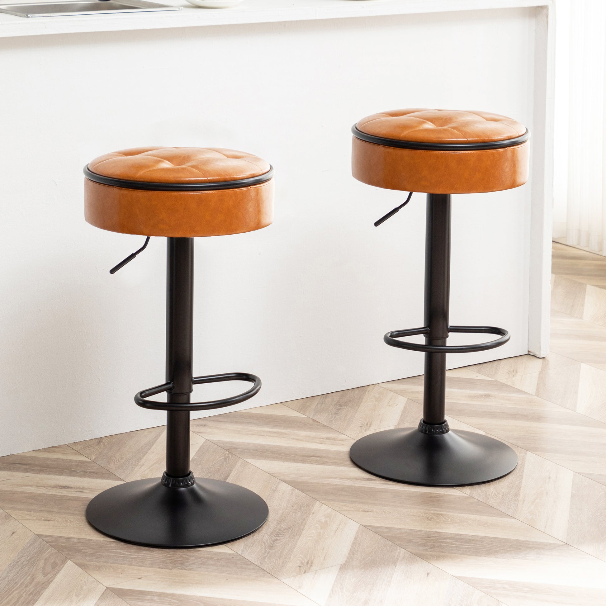 Round Storage Bar Stool Set Of 2, Brown Faux Leather Height Adjustable Barstool, 360 Counter Height Swivel Stool, Armless Bar Chair With Metal Frame For Kitchen Counter Dining Living Room Brown Set Of 2 Foam Pu Leather