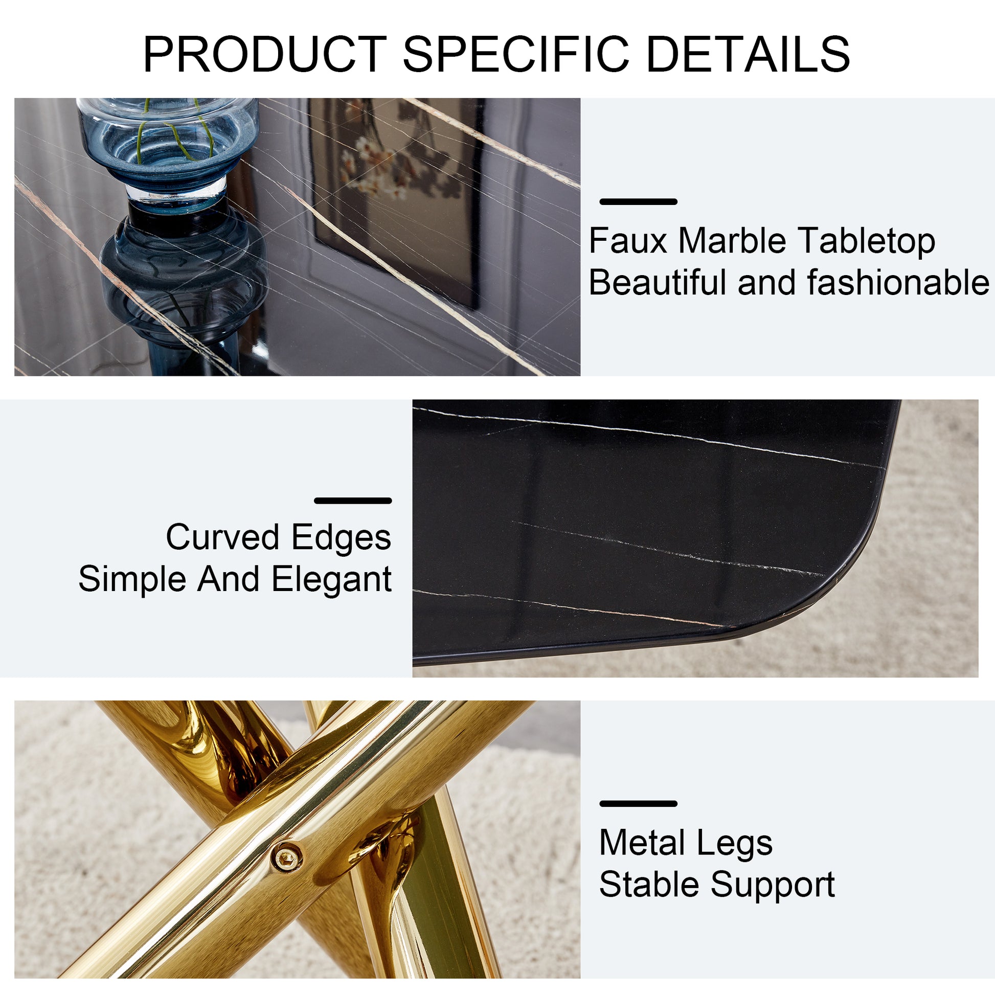 Large Modern Minimalist Rectangular Dining Table With 0.39 "Imitation Marble Black Desktop And Gold Metal Legs, Paired With 8 Chairs With Pu Cushions And Black Metal Legs.F 1538 C 007 Black Gold Glass Metal