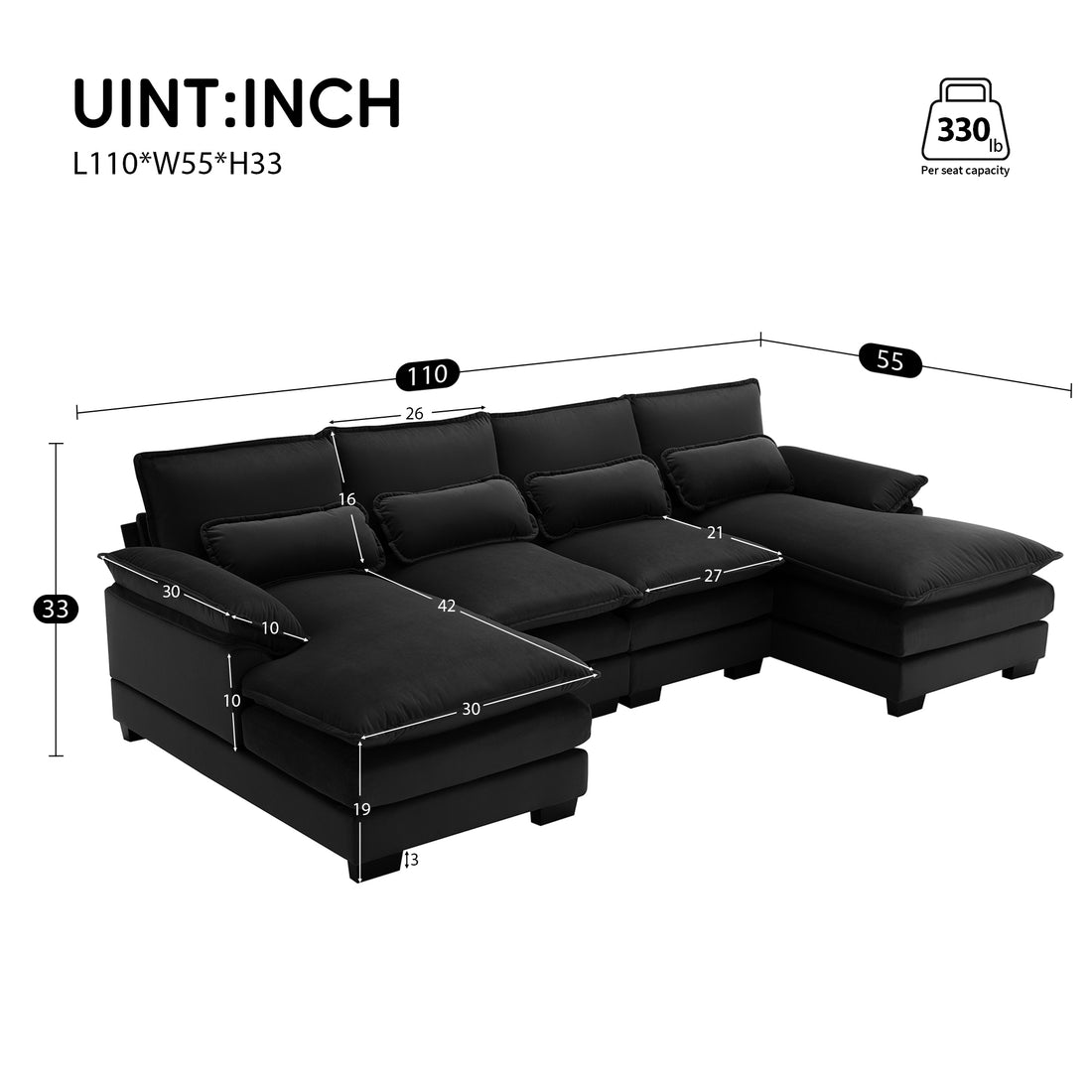 110*55" Modern U Shaped Sectional Sofa With Waist Pillows,6 Seat Upholstered Symmetrical Sofa Furniture,Sleeper Sofa Couch With Chaise Lounge For Living Room,Apartment,5 Colours Black Velvet 6 Seat