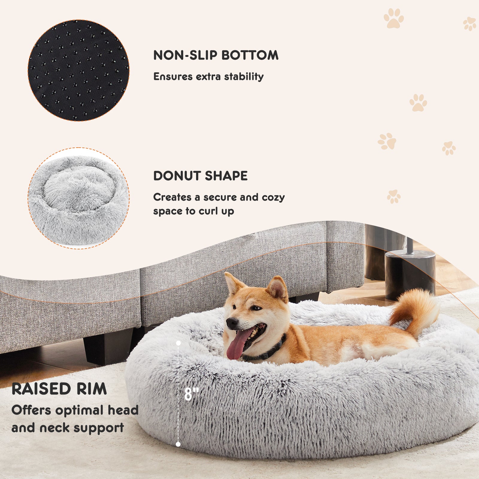 Anti Slip Round Fluffy Plush Faux Fur Cat Bed,Large Gray Gray Fabric
