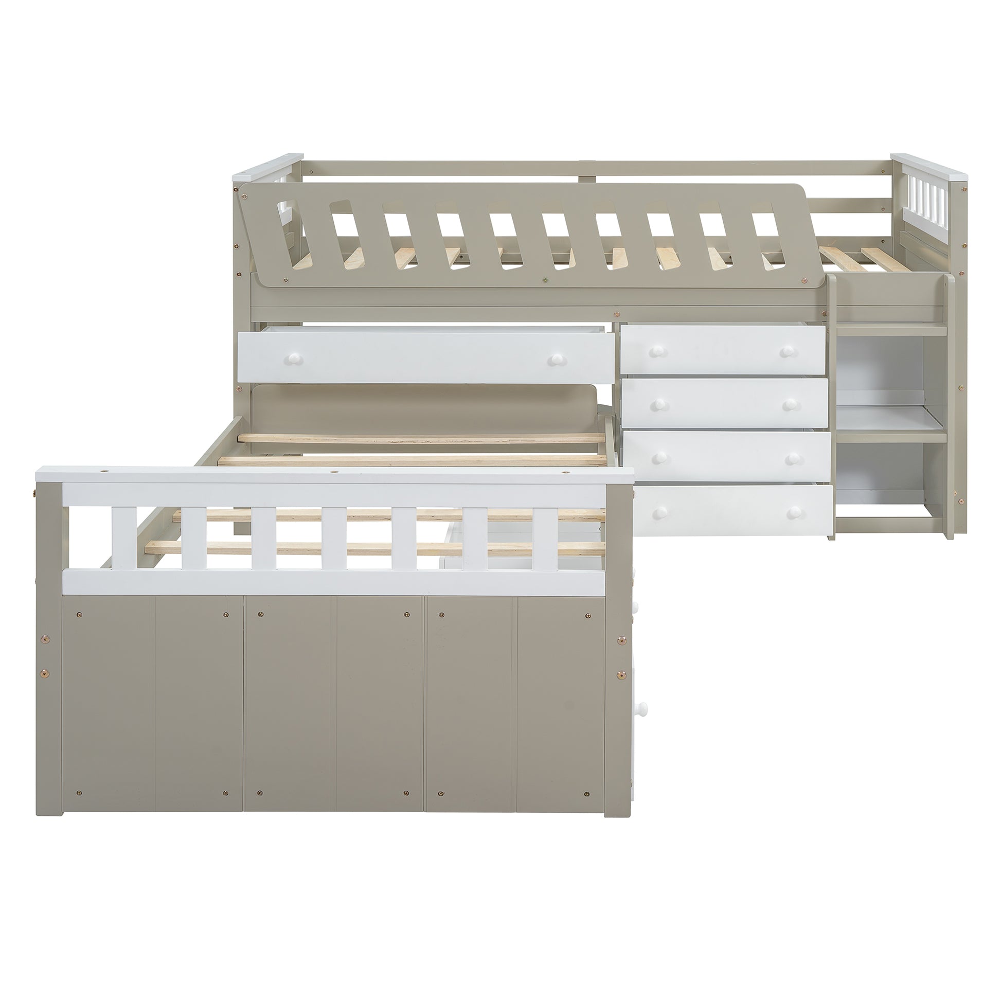 L Shaped Space Saving Twin Loft And Twin Platform Bed With 7 Drawers And Full Guardrails White Light Brown Twin Brown White Solid Wood