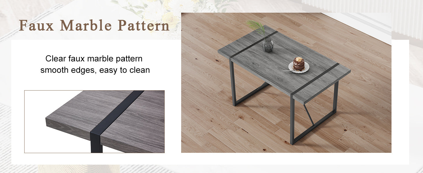 Table And Chair Set, Textured Top In Vintage Retro Grey Wood Grain Desktop, Black Metal Legs. Dining Chair With White Faux Leather Backrest Cushion With Black Metal Legs. Gray,Wood Seats 6 Mdf Metal