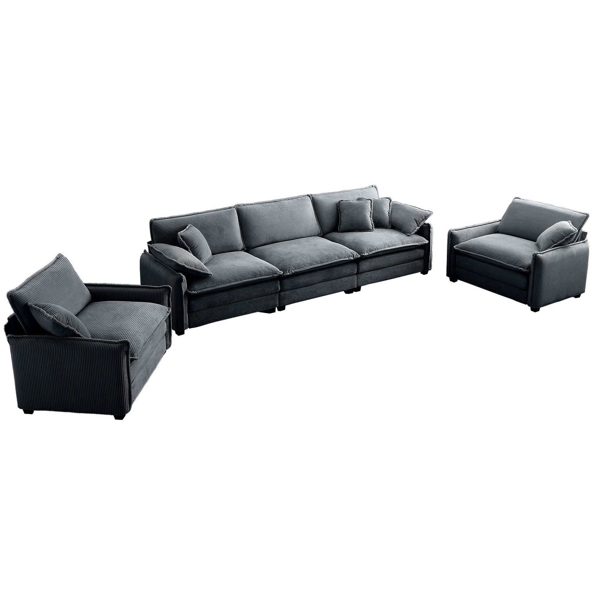 Warm And Cozy Sofa Set With Soft Cushions And Pillows, Home Theater Style Sofa Set Consisting Of A 3 Seater Sofa And Two Single Sofas Ingrey Corduroy Fabric Grey Corduroy 5 Seat