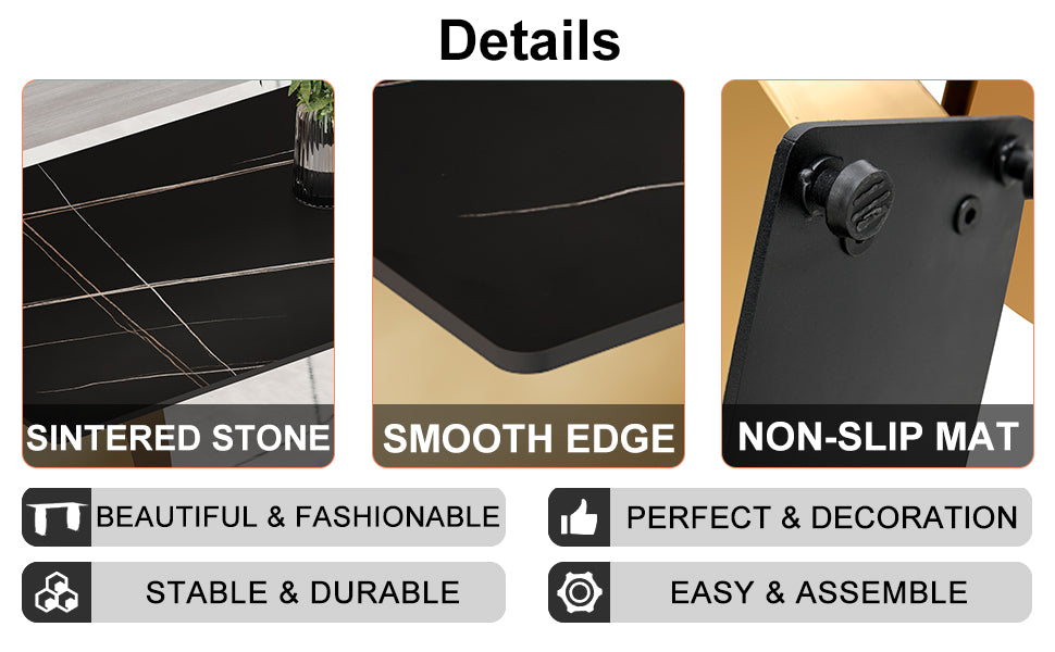 Table And Chair Set,Modern Rectangular Table With 0.4 Inch Black Patterned Tabletop And Gold Legs, Suitable For Kitchen, Dining Room, And Living Roomcomfortable Pu Seats,Perfect For Dinner, Meet Black Seats 4 Sintered Stone