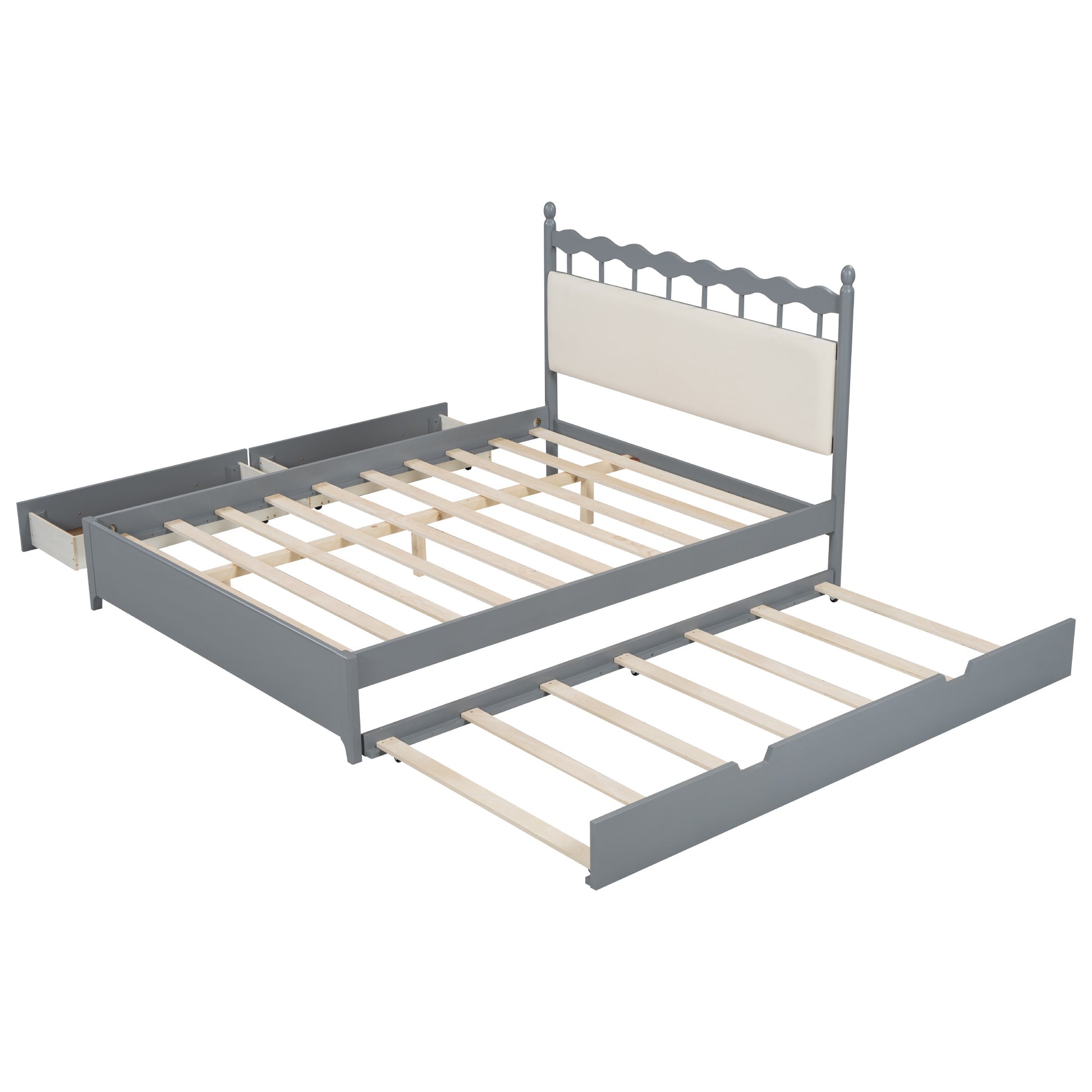 Queen Size Wooden Storage Platform Bed, With 2 Big Drawers, T Size Trundle, Gray Queen Gray Plywood
