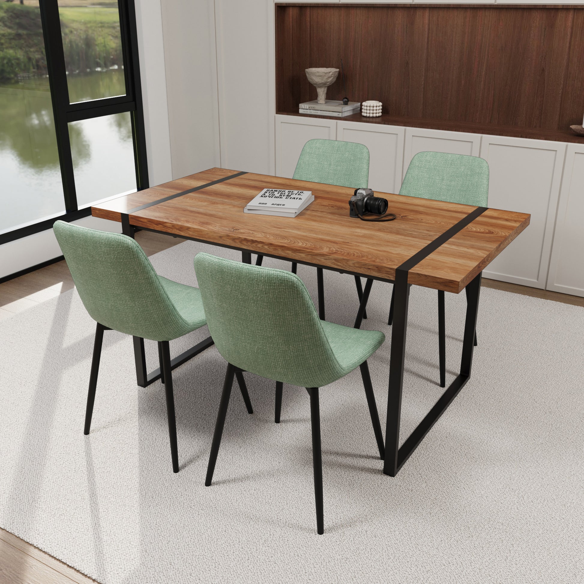 Mdf Natural Wood Dining Table And Modern Dining Chair 4 Piece Set, Medieval Wooden Kitchen Dining Table Set, Rectangular Metal Base, Dining Table And Suede Chair Brown Green Mdf