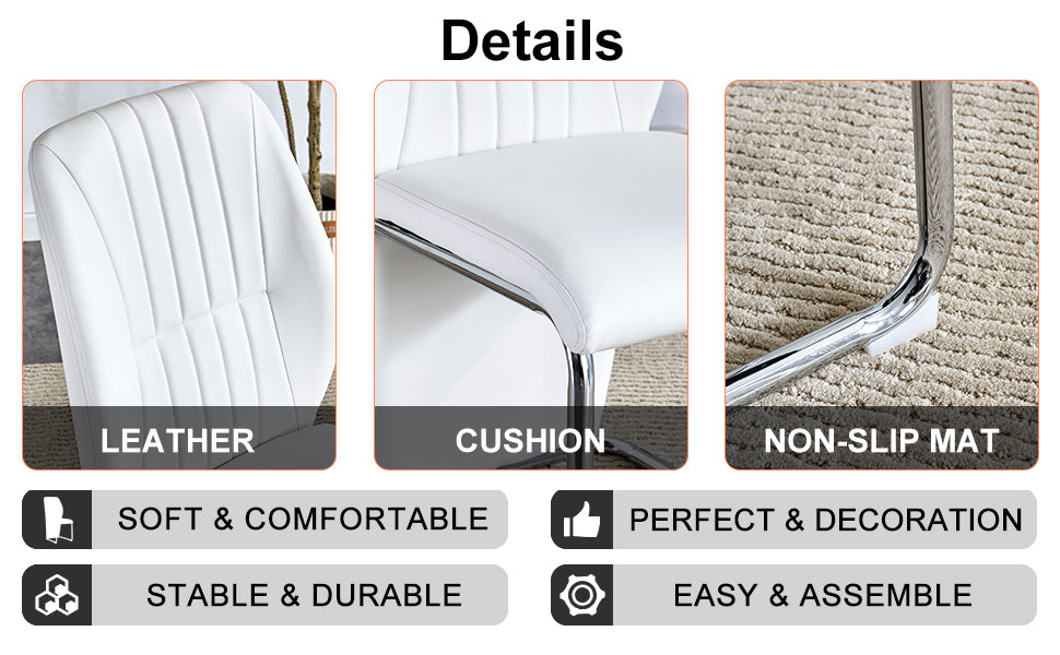 Table And Chair Set, Modern Luxurious White Imitation Marble Pattern Mdf Dining Table,Rectangular Dining Table, Matched With Uniquely Shaped Pu High Backrest Seats,Suitable For Various Occasions. White Seats 4 Mdf