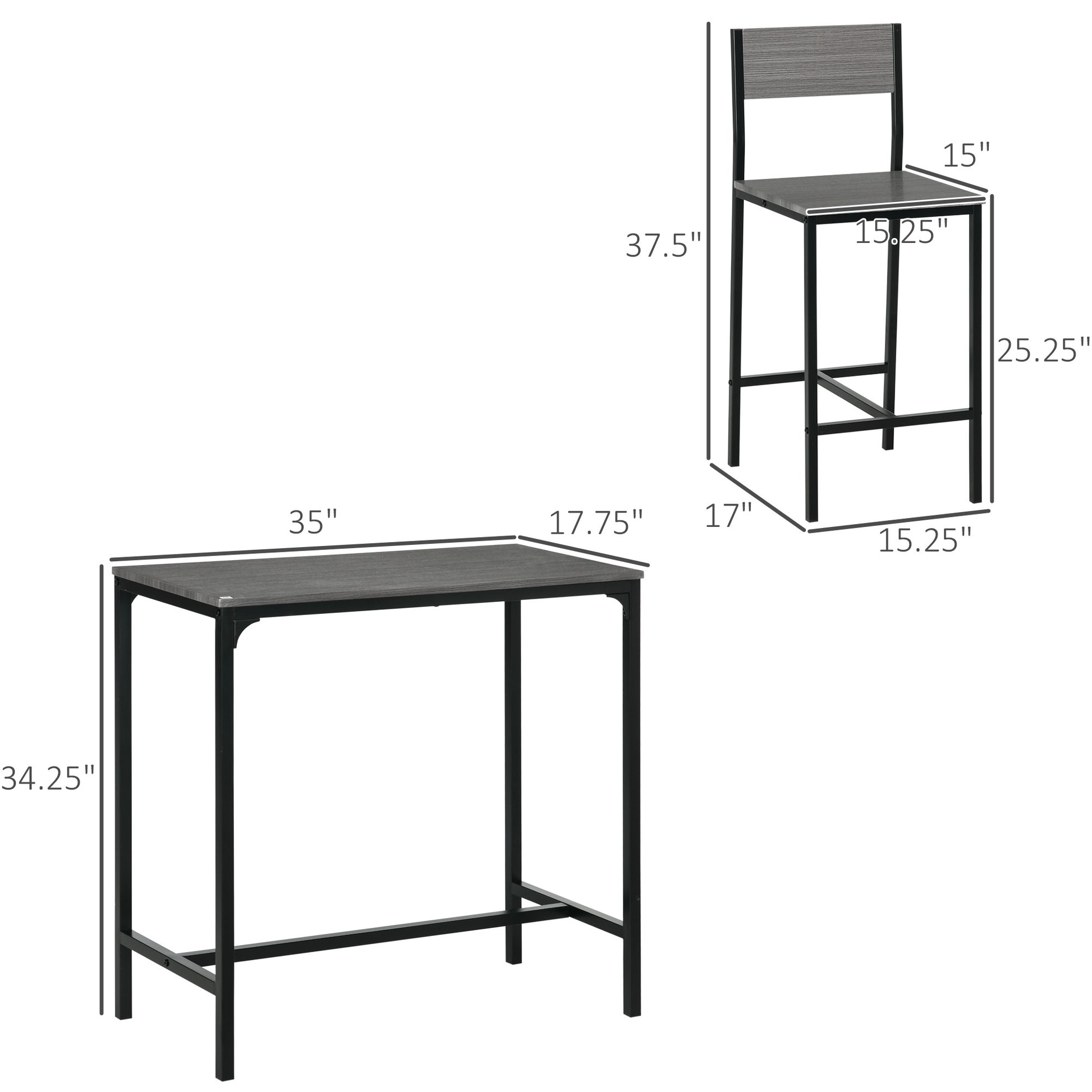 Homcom 3 Piece Bar Table And Chairs, Industrial Dining Table Set For 2, Counter Height Kitchen Table With Bar Stools, Breakfast Table Set For 2 For Small Space, Gray Grey Mdf