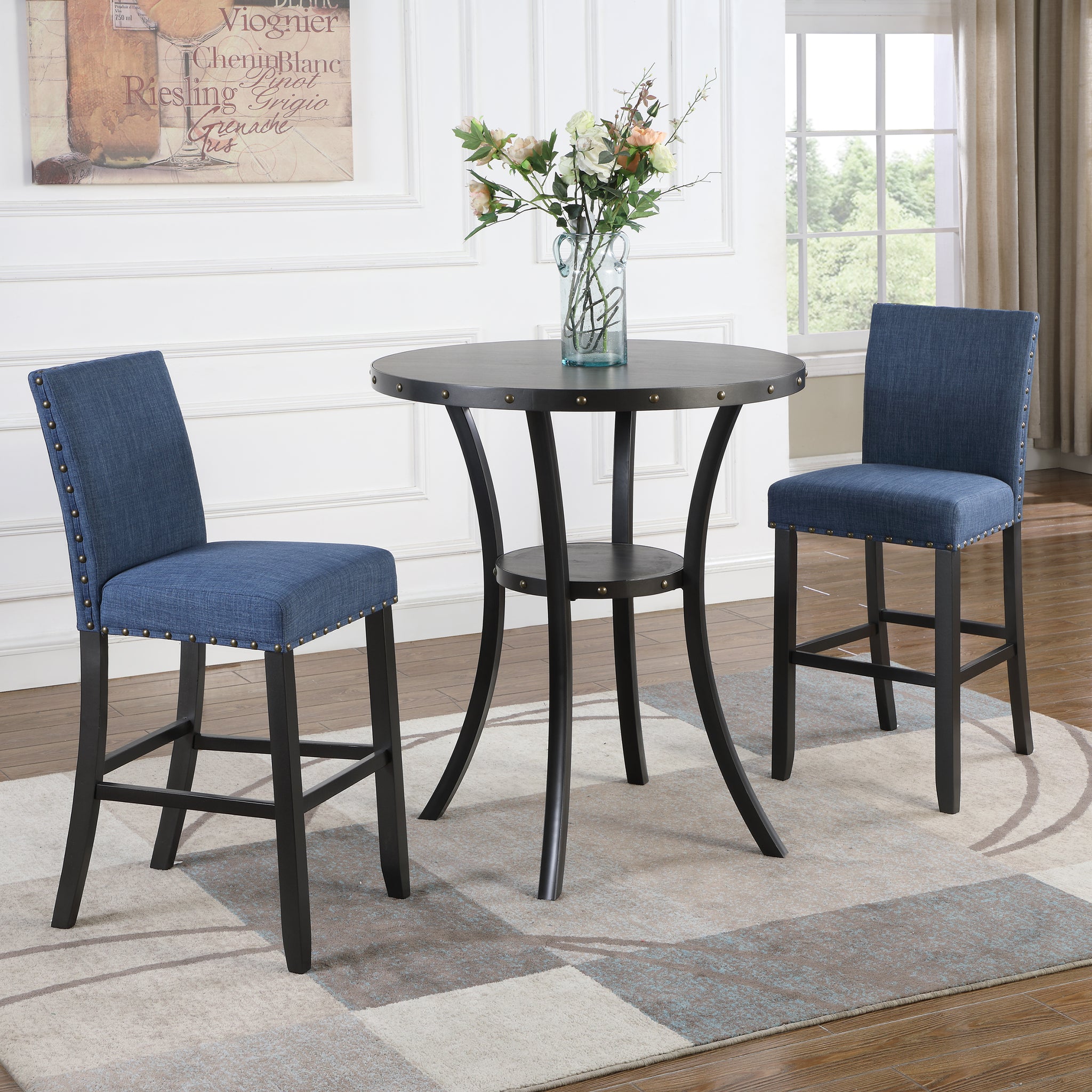 Biony 3 Piece 36" Round Espresso Finish Bar Table With 2 Blue Fabric Nail Head Pub Chairs Wood Brown Seats 2 Metal Round Dining Table With Chair Metal & Wood
