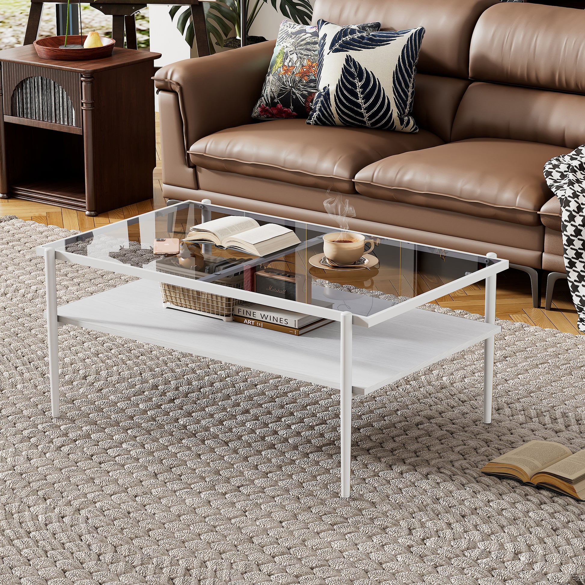 Rectangle Coffee Table With Gray Tempered Glass Top And White Legs, Modern Table For Living Room Gray Tempered Glass