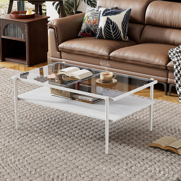 Rectangle Coffee Table With Gray Tempered Glass Top And White Legs, Modern Table For Living Room Gray Tempered Glass