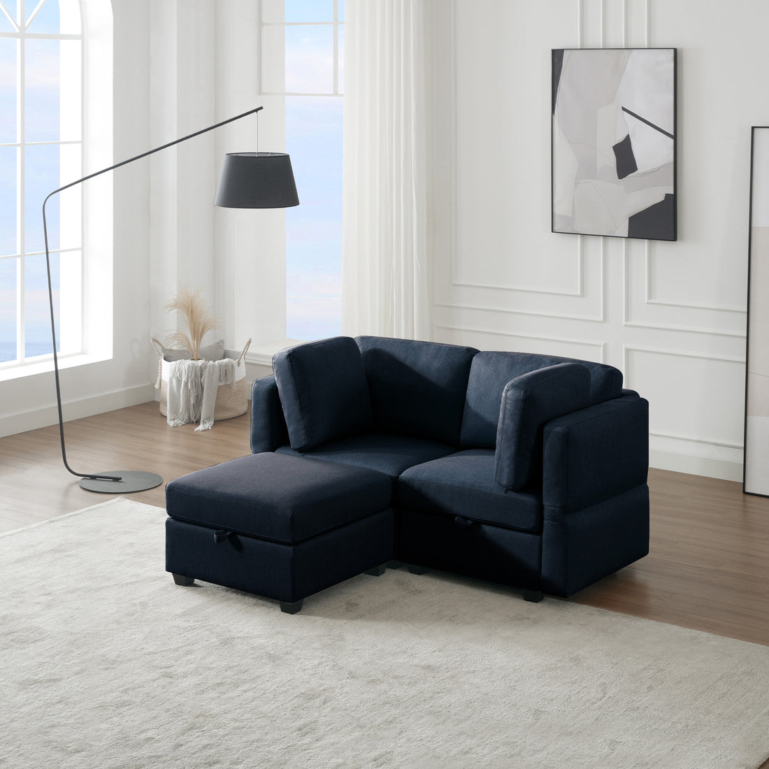 Space Saving Small Sectional Sofa With Ottoman, 2 Seater Sofa With 1 Ottoman, All Seats And Ottomans With Storage Function Blue Blue Polyester 2 Seat