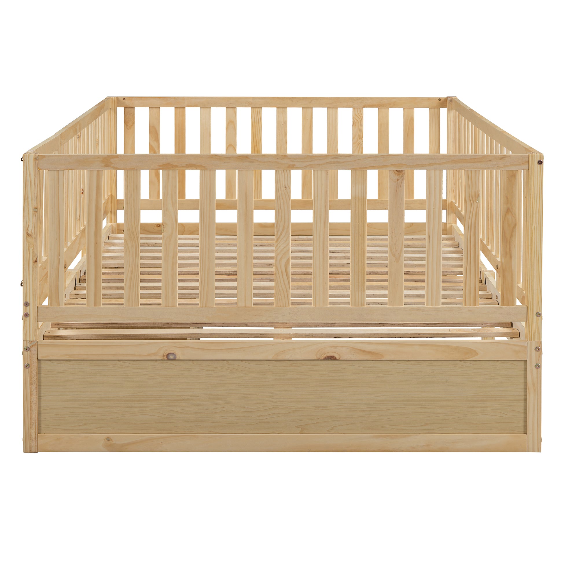 Full Size Wood Daybed With Fence Guardrails And 2 Drawers, Split Into Independent Floor Bed & Daybed, Natural Old Sku :Lp000882Aan Full Natural Solid Wood Mdf