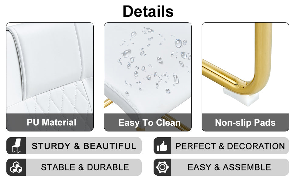 Table And Chair Set.Large Modern Rectangular Table With 0.4 Inch Patterned Glass Tabletop And Large Mdf Table Legs.Comes With 8 Chairs With Faux Leather Cushioned Seats And Golden Metal Legs. Gold White Seats 8 Mdf Glass