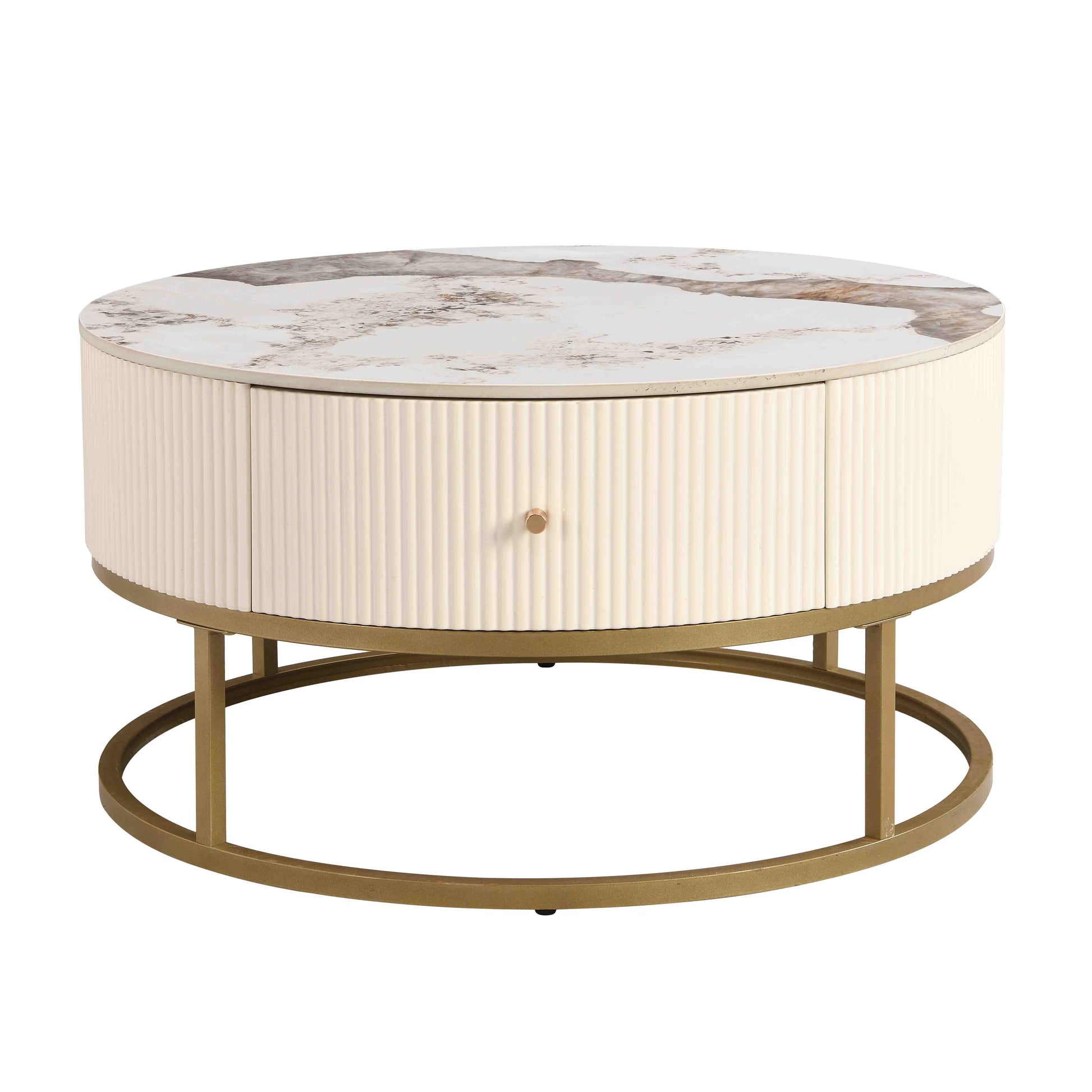 31.5 Inch Modern Round Coffee Table With Drawers, Marble Table With Storage, Coffee Table For Living Room White Coffee & End Tables Iron