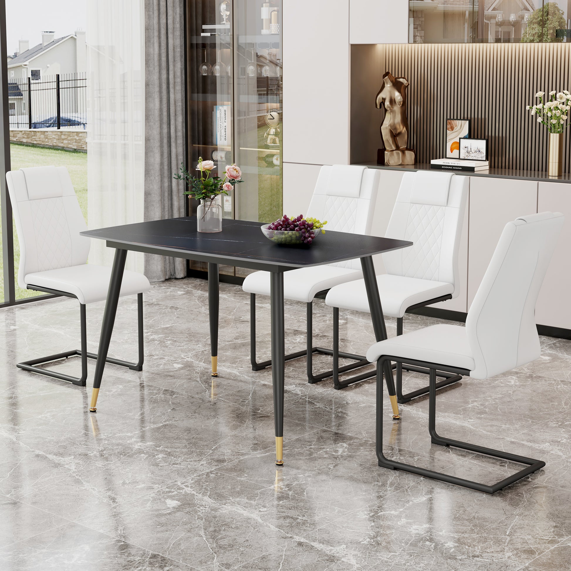 Table And Chair Set. Large Modern Rectangular Table With Black Textured Top And Black Metal Legs. Soft And Comfortable Pu Seats, Faux Leather Upholstered Seats And Sturdy Metal Legs. White Black Seats 4 Sintered Stone