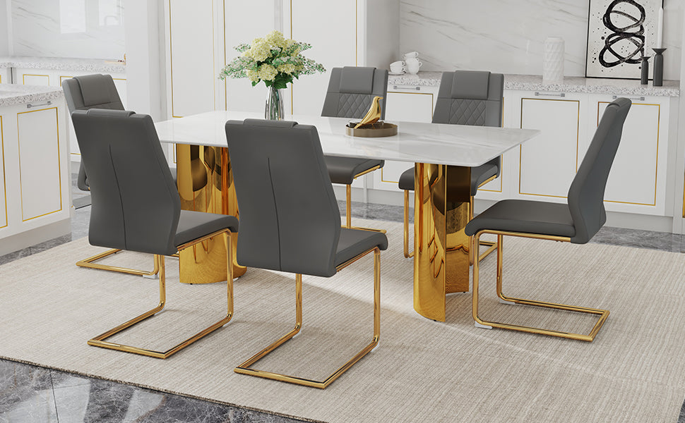 Table And Chair Set.The Table Has A Glass Tabletop With Imitation Marble Pattern Stickers And Stainless Steel Golden Table Legs. Paried With Comfortable Chairs With Pu Seats And Metal Legs. White Gold Seats 6 Glass Metal