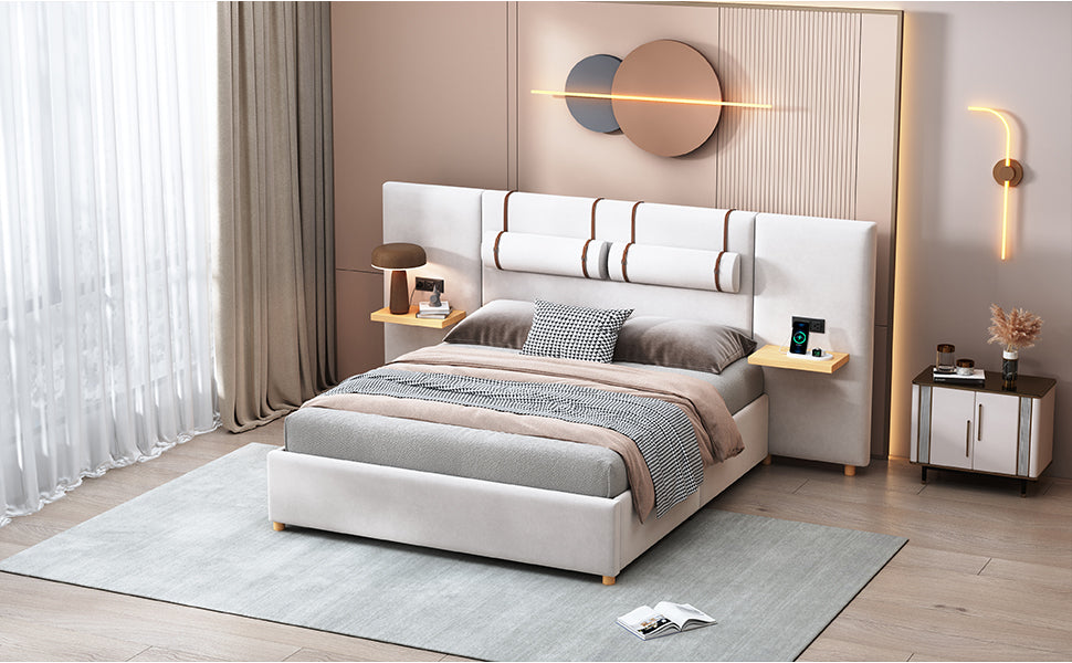 Queen Size Upholstered Platform Bed, Two Outlets And Usb Charging Ports On Both Sides, Two Bedside Pillows, Storage Shelves,Velvet, Beige Queen Beige Mdf Lvl
