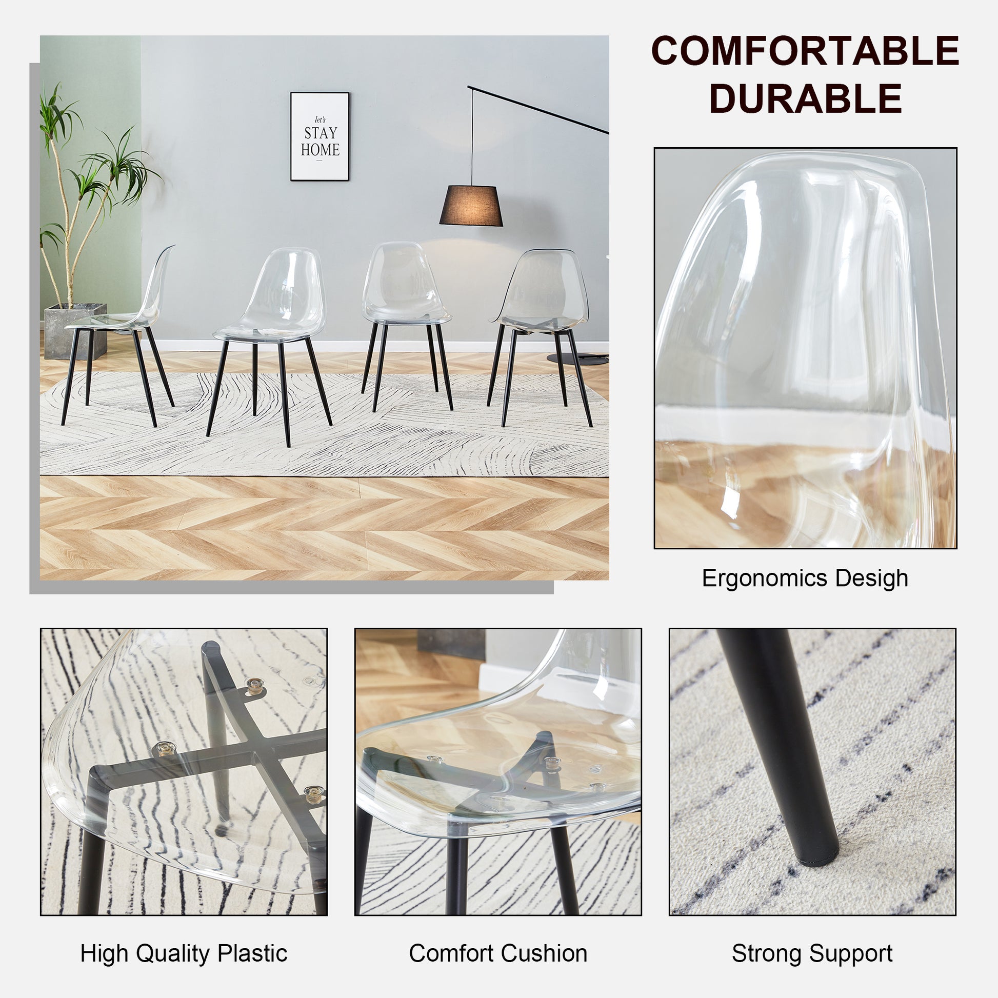 Table And Chair Set. Large Modern White Imitation Marble Patterned Round Table With Black Metal Legs. Nice Minimalist With Transparent Seats And Black Metal Legs. White Black Seats 4 Glass Metal