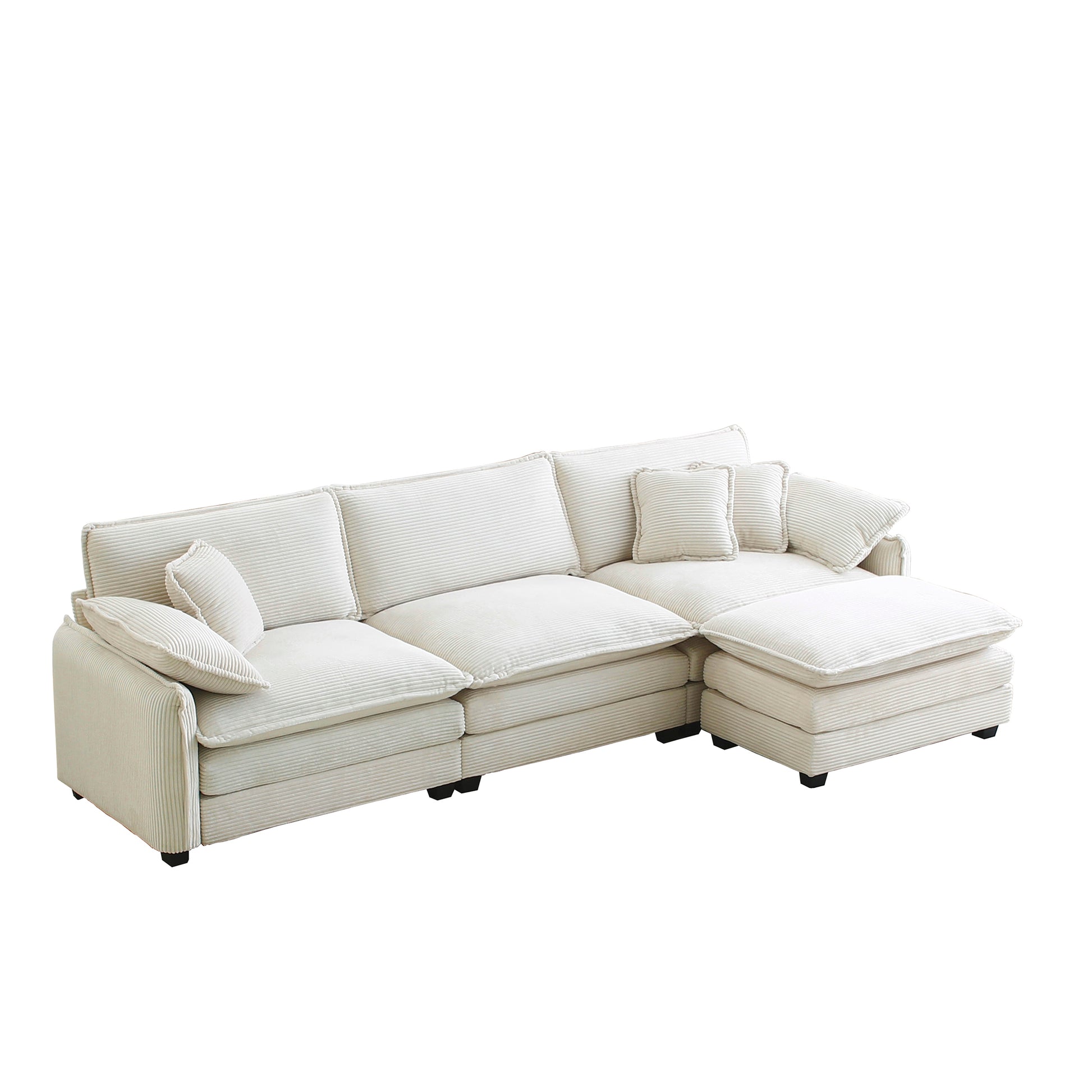 Oversize 3 Seater Sofa With One Footrest, L Shaped Sectional Sofa With Ottoman For Living Rooms, White Corduroy Sofa White Corduroy 3 Seat