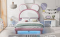 Full Size Upholstered Platform Bed With Cartoon Ears Shaped Headboard And Led, White&Pink Box Spring Not Required Full White Pink Bedroom Bed Frame Faux Leather Upholstered