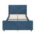 50.7'' High Headboard Corduroy Upholstered Bed Frame With Vertical Stripe Wingback And High Footboard No Box Spring Needed, Queen Size, Blue Box Spring Not Required Queen Blue Wood Bedroom Modern