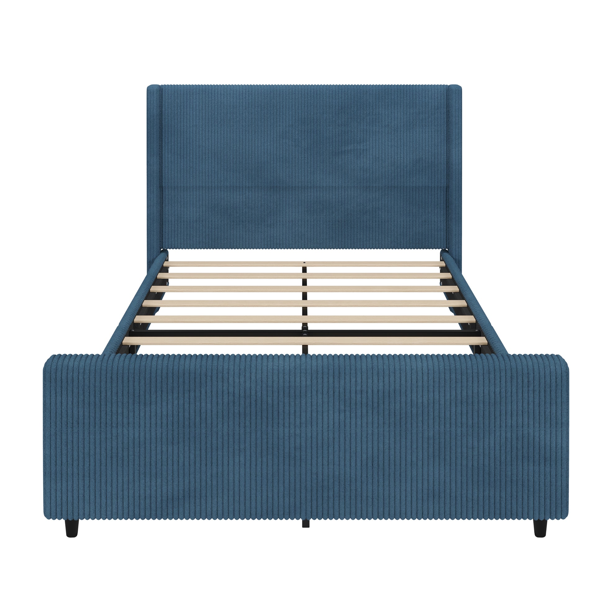 50.7'' High Headboard Corduroy Upholstered Bed Frame With Vertical Stripe Wingback And High Footboard No Box Spring Needed, Queen Size, Blue Box Spring Not Required Queen Blue Wood Bedroom Modern