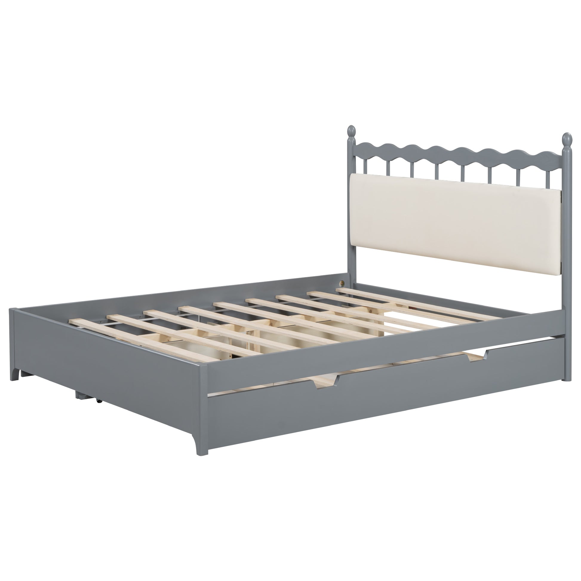 Queen Size Wooden Storage Platform Bed, With 2 Big Drawers, T Size Trundle, Gray Queen Gray Plywood