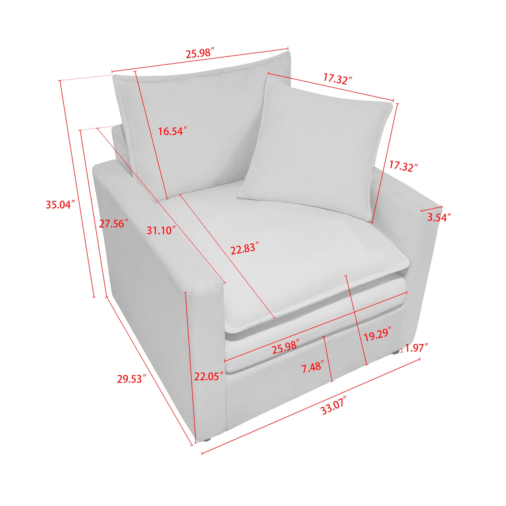 Chenille Fabric Comfy Deep Single Seat Sofa Upholstered Reading Armchair Living Room White Foam Chenille 1 Seat
