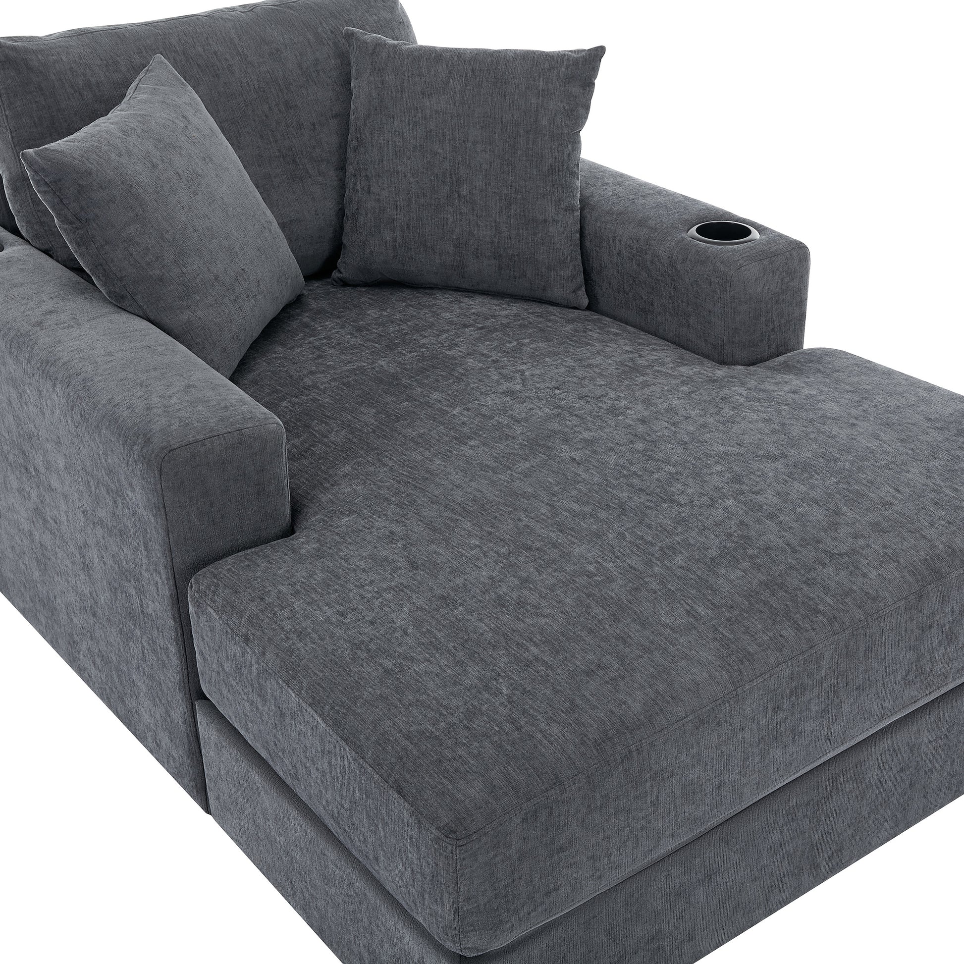 43.5" Oversized Chaise Lounger Modern Style Sofa Couch ,With Pillows, Charge Station & Cup Holders, Chenille Fabric, Blue Gray Blue Gray Chenille
