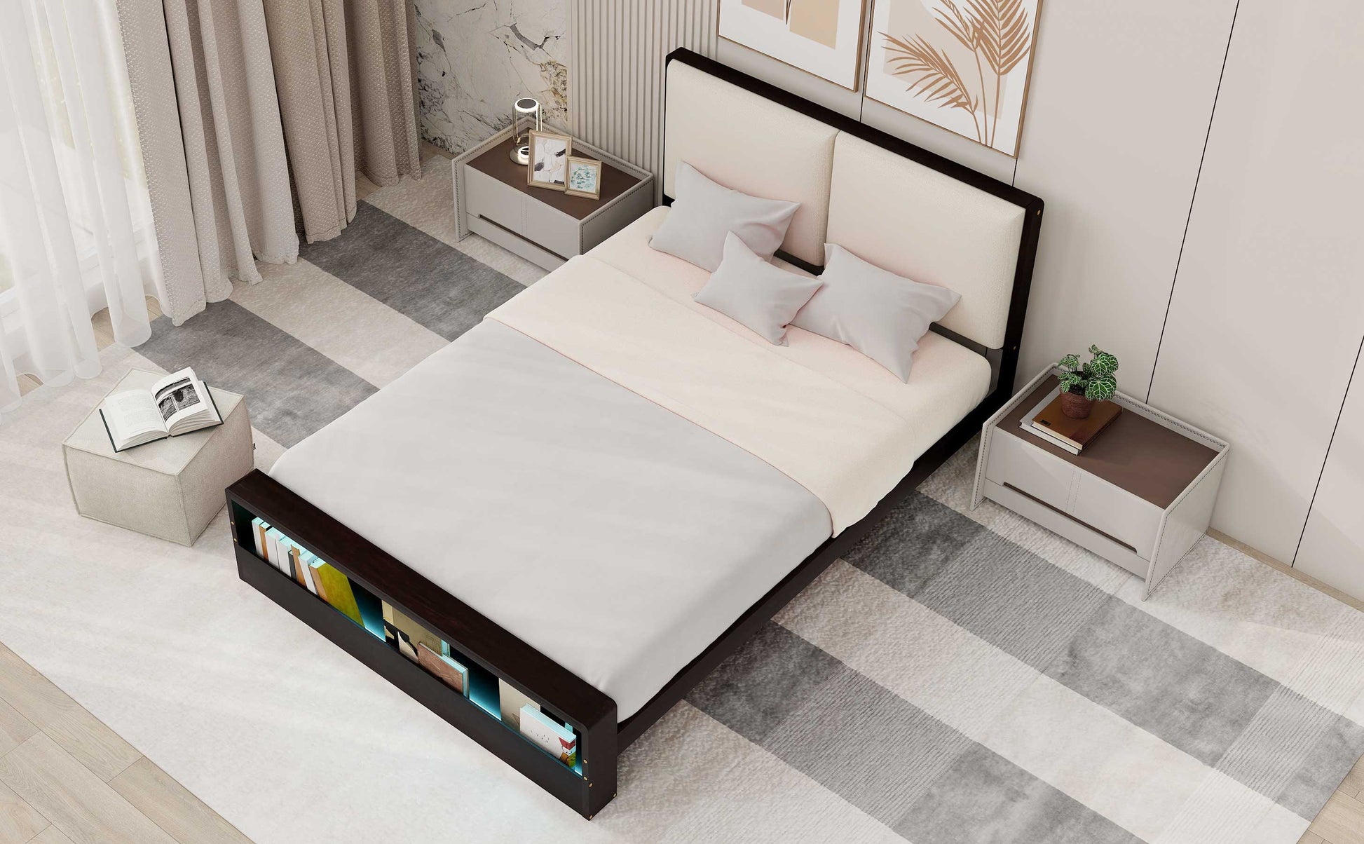 Queen Size Platform Bed Frame With Upholstery Headboard And Bookshelf In Footboard And Led Light Strips, Espresso Queen Espresso Solid Wood Mdf