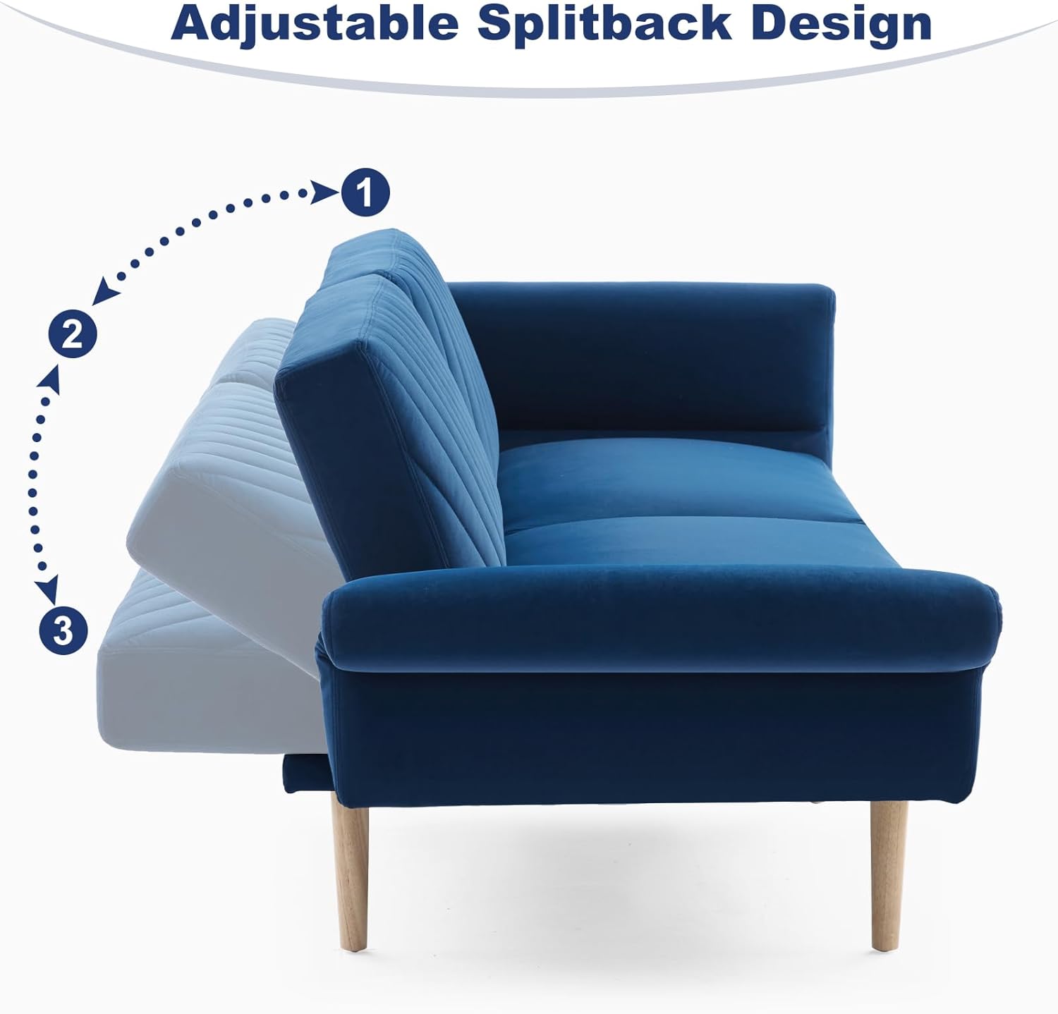 78'' Velvet Futon Sofa Bed, Convertible Sleeper Bed With Adjustable Armrests And Backrest, Loveseat Sleeper Sofa With 2 Pillows, Modern Futon Couches For Living Room, Blue Brown Wood Bedroom Heavy Duty Oak 2 Seat Blue Velvet Soft Cushion Back Mid Century