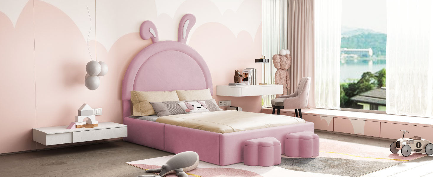 Full Size Upholstered Rabbit Shape Bed With 2 Storage Stools, Velvet Platform Bed With Cartoon Ears Shaped Headboard, Pink Full Pink Wood