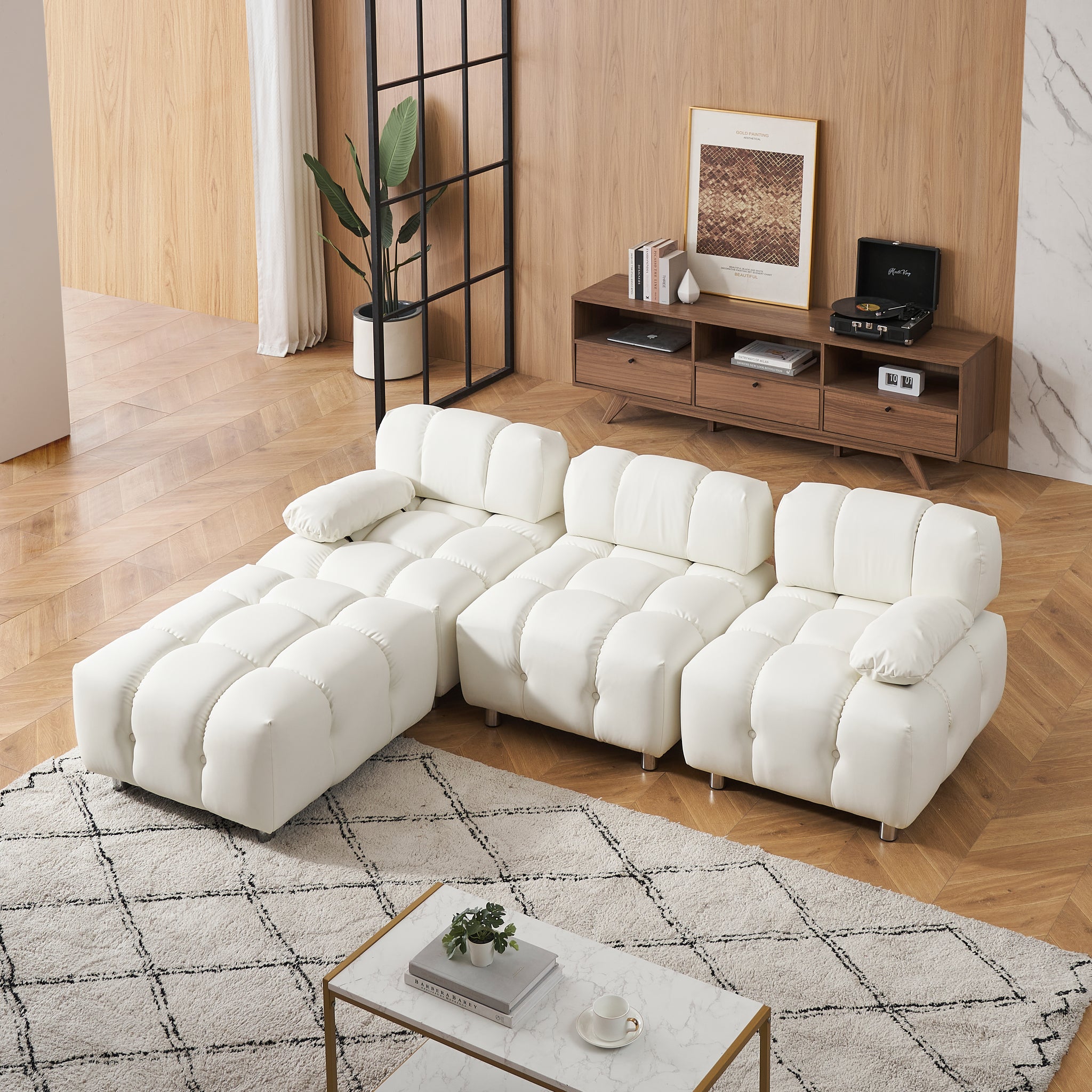A 90.60 Inch Technology Cloth Beige Sofa, Waterproof, Stain And Cat Scratch Resistant, Can Comfortably Sit In The Apartment Bedroom Without Taking Up Space. White Polyester Blend 4 Seat