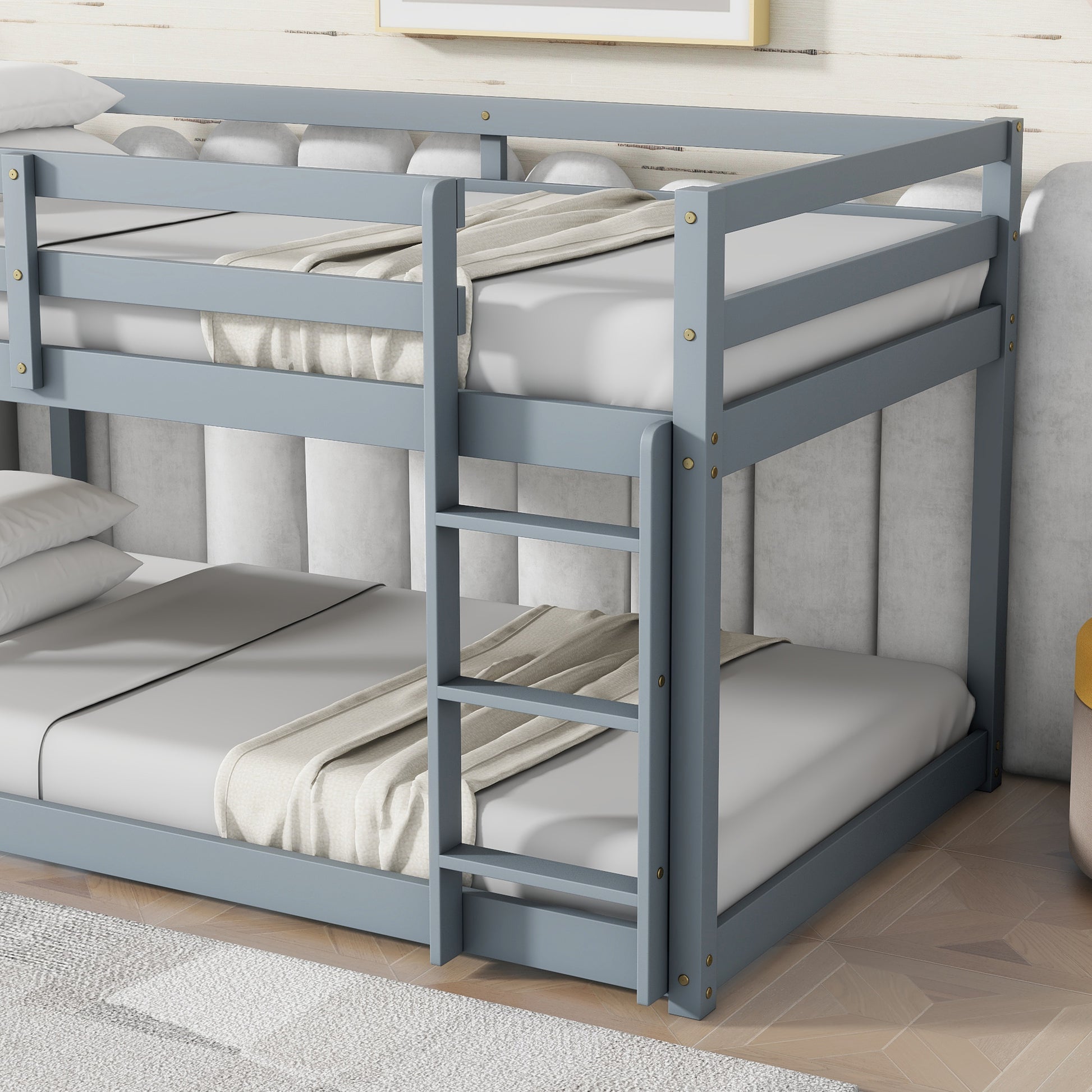 Solid Woodensolid Rubber Wooden Twin Over Twin Loft Bed With Ladder ,Upper And Bottom Bed Platforms Crafted With Strengthened Slats ,Grey Twin Grey Rubber Wood