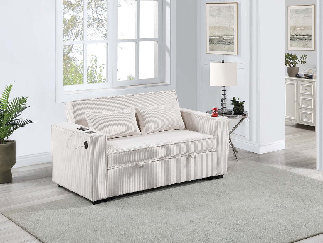 Beige Corduroy Upholstered 2 Seat Sofa W Cup Holders Sleeper Couch 1Pc Convertible Sofa W Usb Beige Corduroy Wood Primary Living Space Cushion Back Contemporary,Modern,Transitional Rubberwood Square