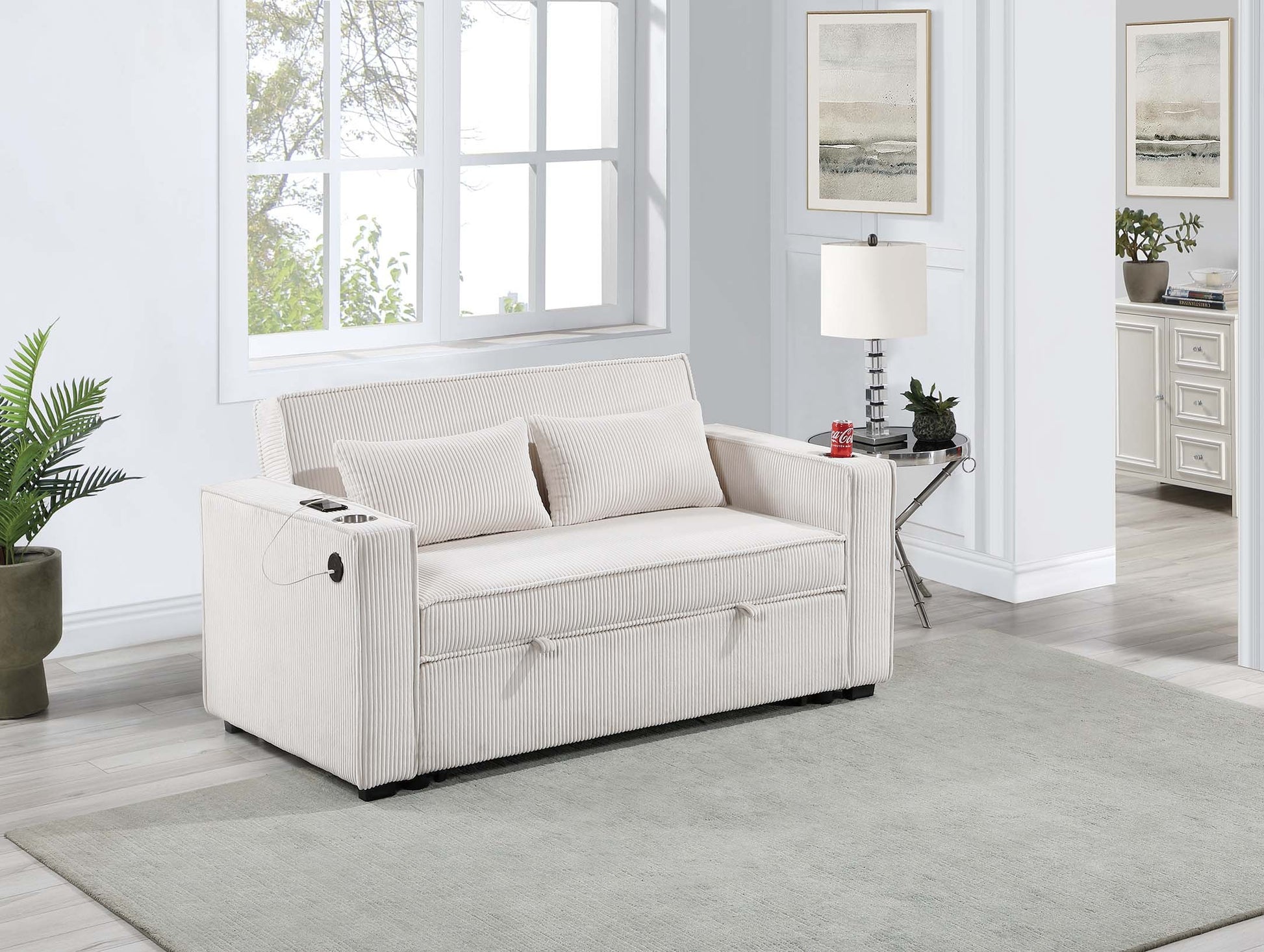 Beige Corduroy Upholstered 2 Seat Sofa W Cup Holders Sleeper Couch 1Pc Convertible Sofa W Usb Beige Corduroy Wood Primary Living Space Cushion Back Contemporary,Modern,Transitional Rubberwood Square
