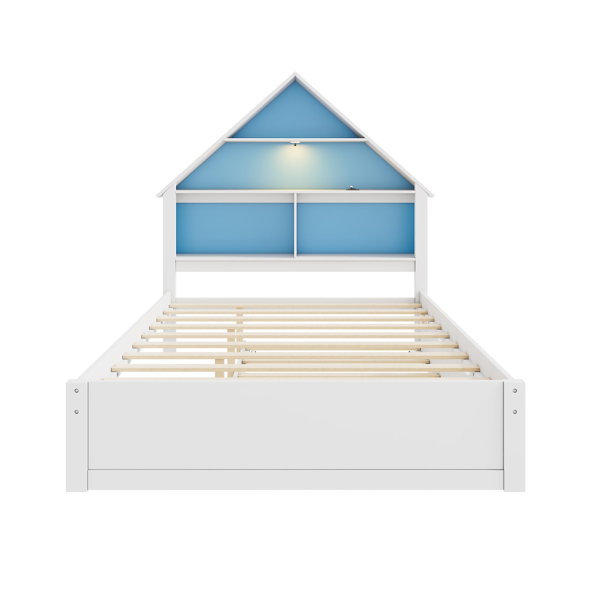 Full Size House Shaped Bed With Bookcase Headboard And Led Light And Twin Size Trundle For Kids Boys Girls, Blue White Box Spring Not Required Full White Blue Wood Bedroom Cute Bed Frame Wood