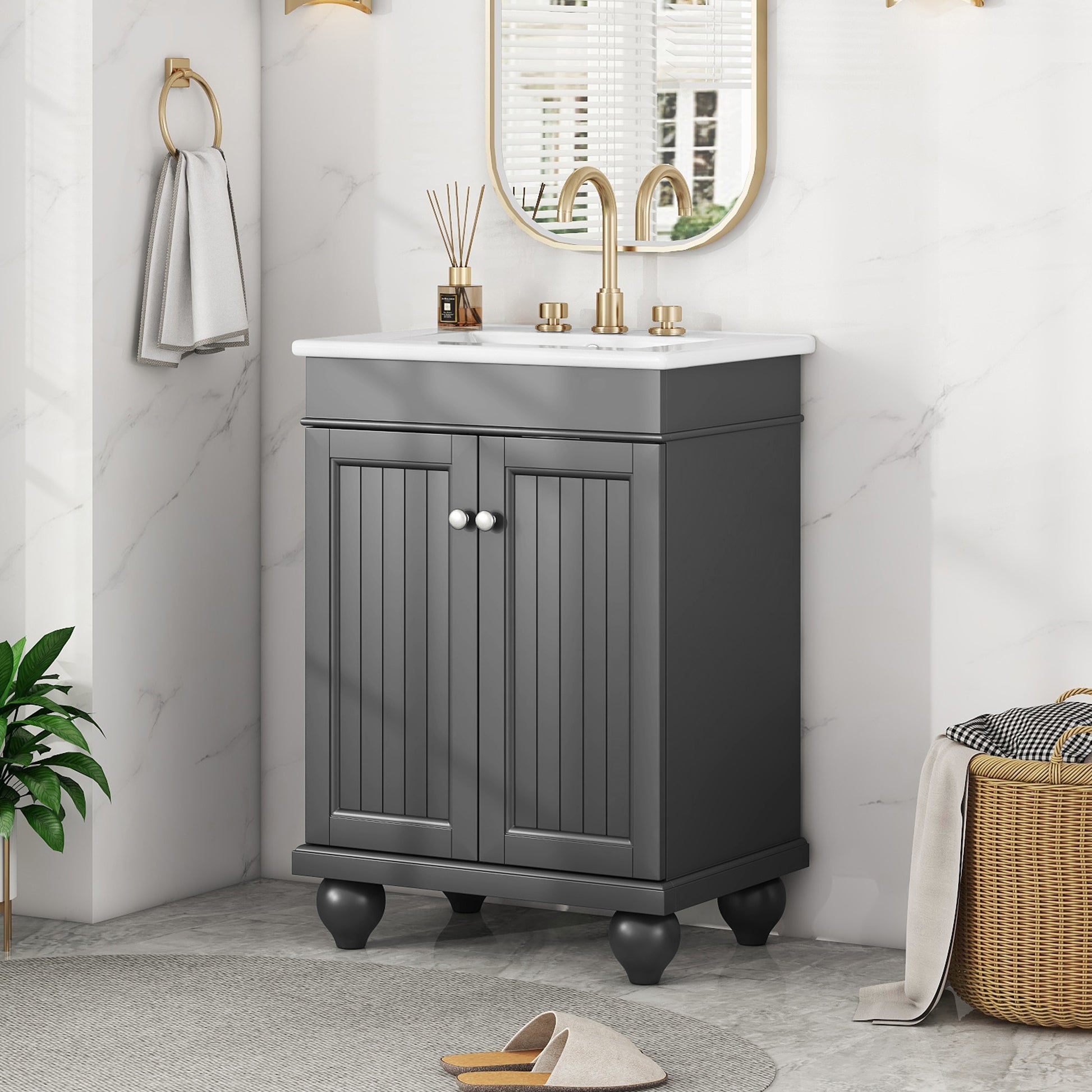 24" Black Modern Sleek Bathroom Vanity Elegant Ceramic Sink With Solid Wood Frame, Adjustable Shelf Black Solid Wood Mdf