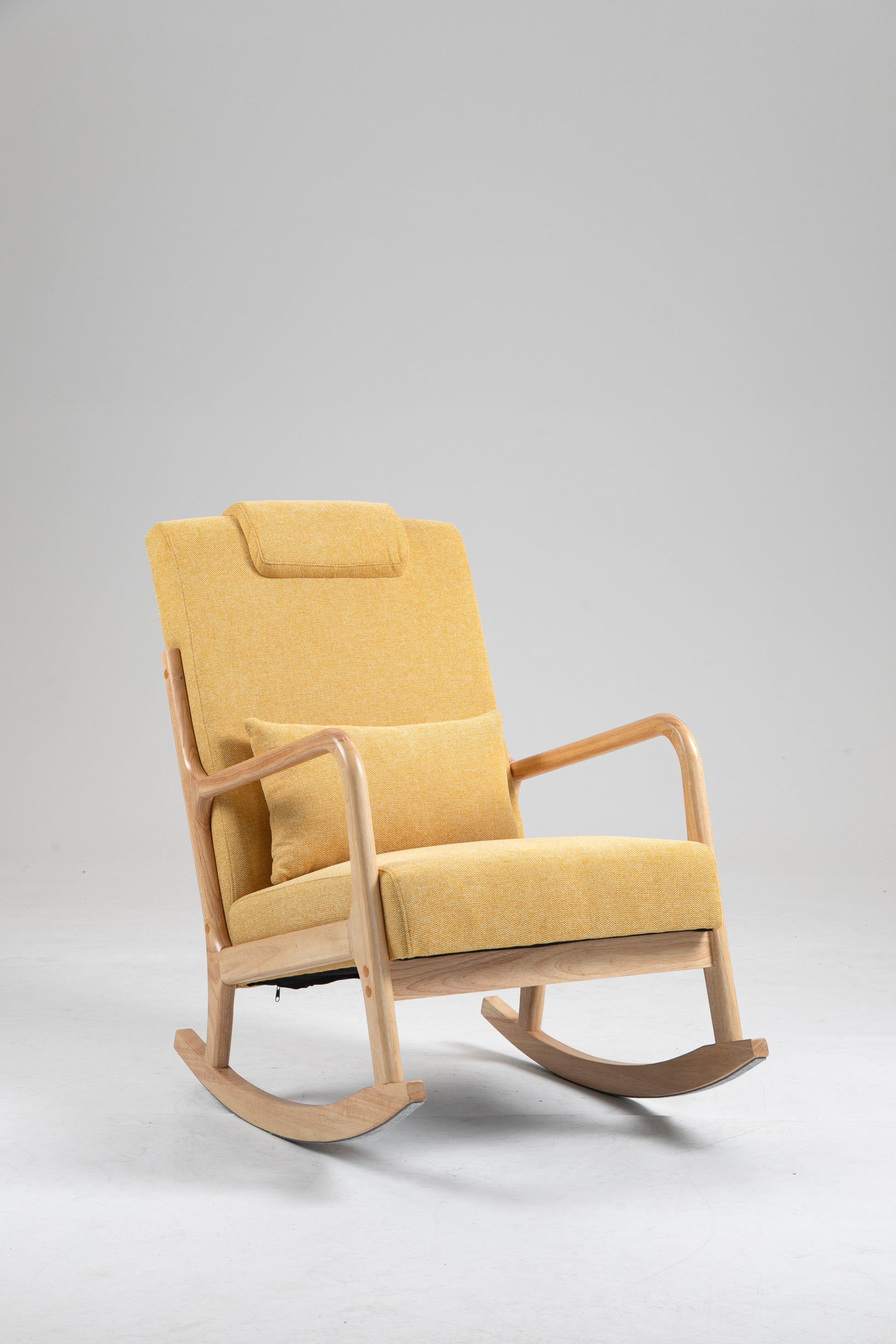 Rocking Chair Upholstered Fabric Rocking Armchair Indoor With High Backrest Glider Chairs And Lumbar Pillow For Living Room Yellow Linen