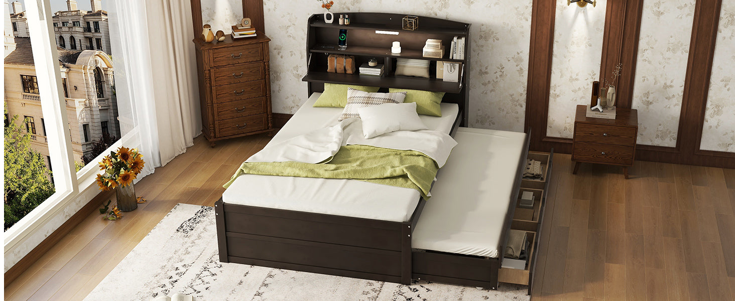 Full Size Wooden Led Platform Bed With Trundle, With Storage Headboard, With Drawers, Brown Full Brown Plywood