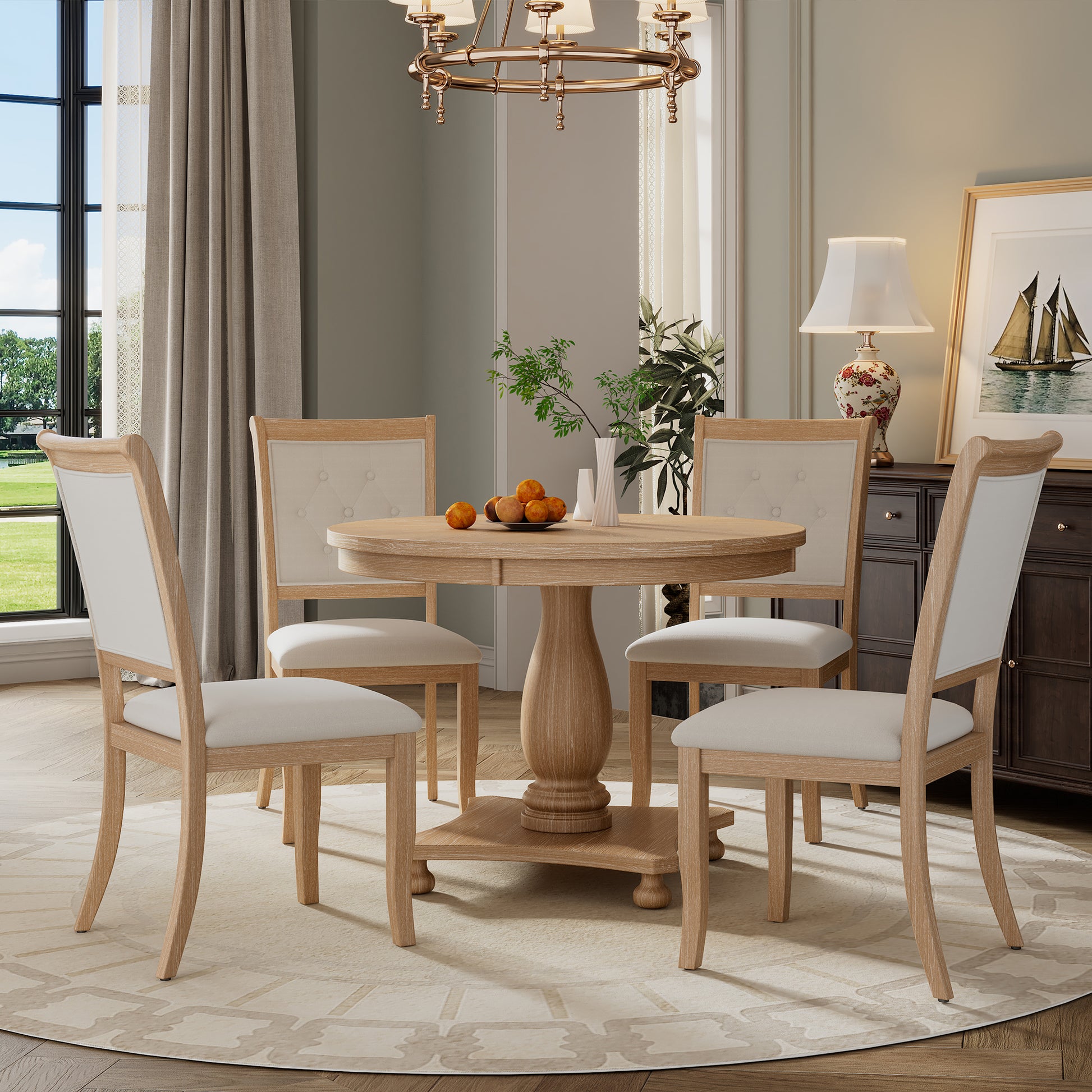 5 Piece Retro Dining Set, Round Table With Pedestal Table Base And 4 Upholstered Chairs For Dining Room And Kitchen Natural Wood Wash Natural Wood Wash Solid Wood Mdf