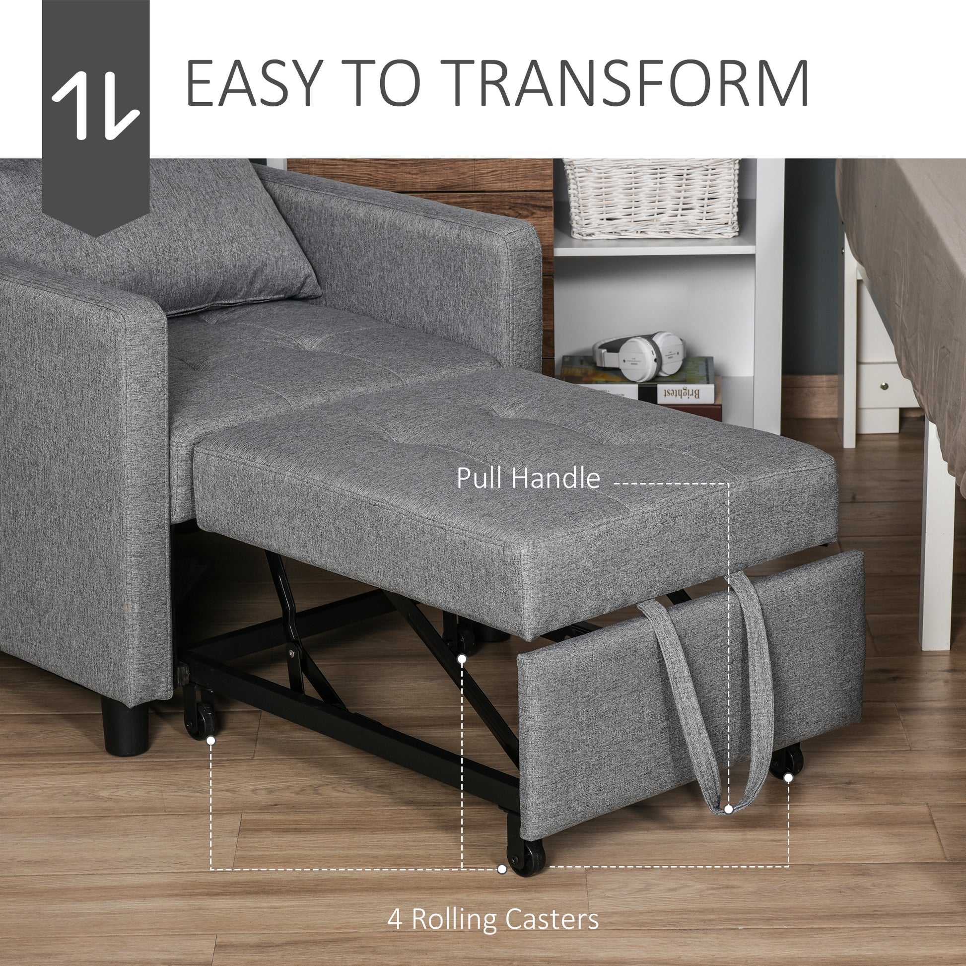 Homcom Convertible Sofa Lounger Chair Bed Multi Functional Sleeper Recliner With Tufted Upholstered Fabric, Adjustable Angle Backrest, And Pillow, Grey Grey Plastic 1 Seat