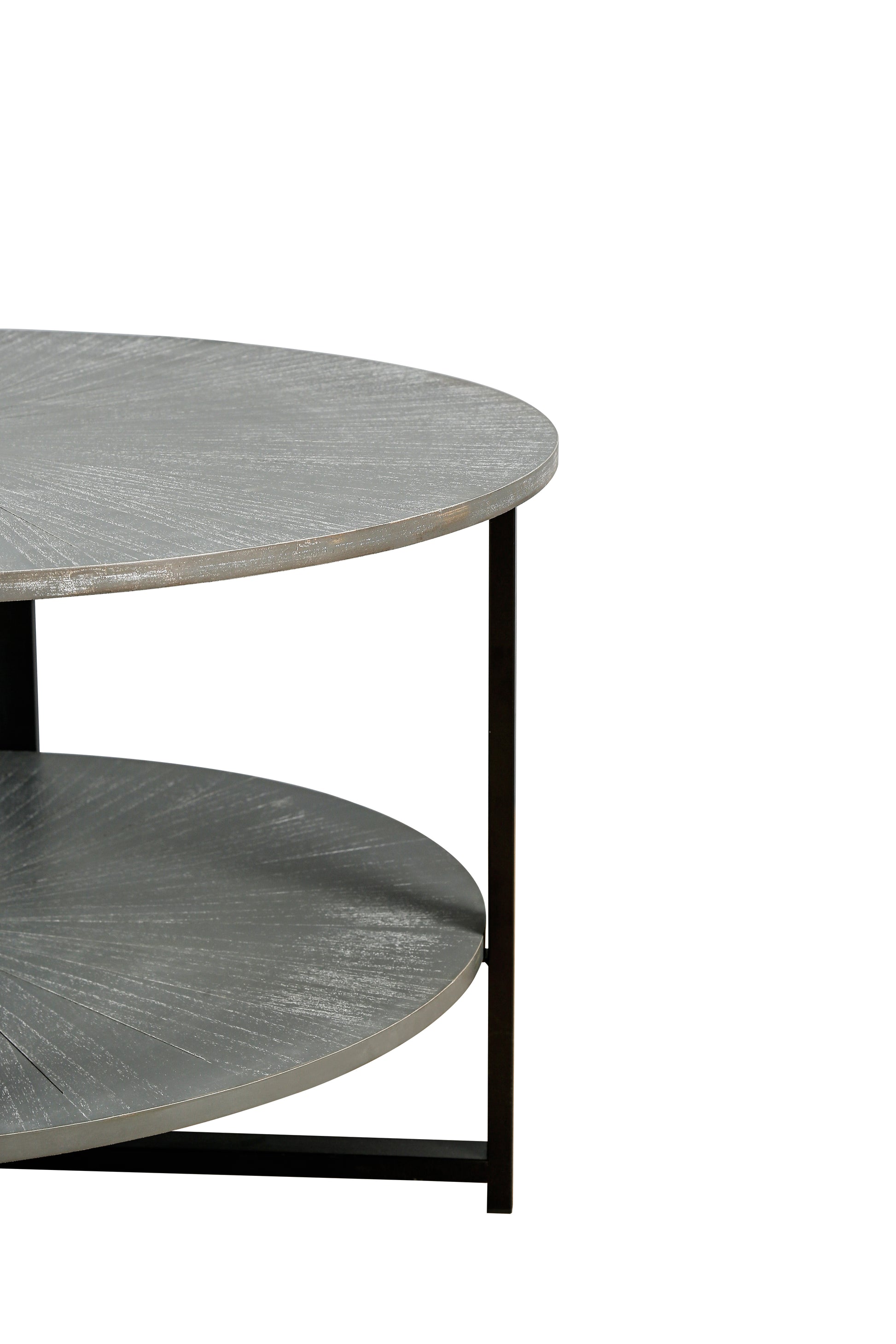 31.5"D X 31.5''W X 18.3''H Round Coffee Table With 2 Tier Storage, Farmhouse Living Room Cocktail Table With Black Metal Leg,Patchwork Desktop Effect Easy Assembly Antique Gray Antique Gray Primary Living Space American Design Floor Mount Round Open