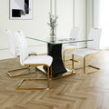 Modern Style Glass Dining Table, Elegant Transparent Design, Solid Support Base, White Dining Chair Set, Gold Plated Legs, Suitable For Restaurant Kitchen Use Set Of 5 White Gold Seats 4 Mdf Glass