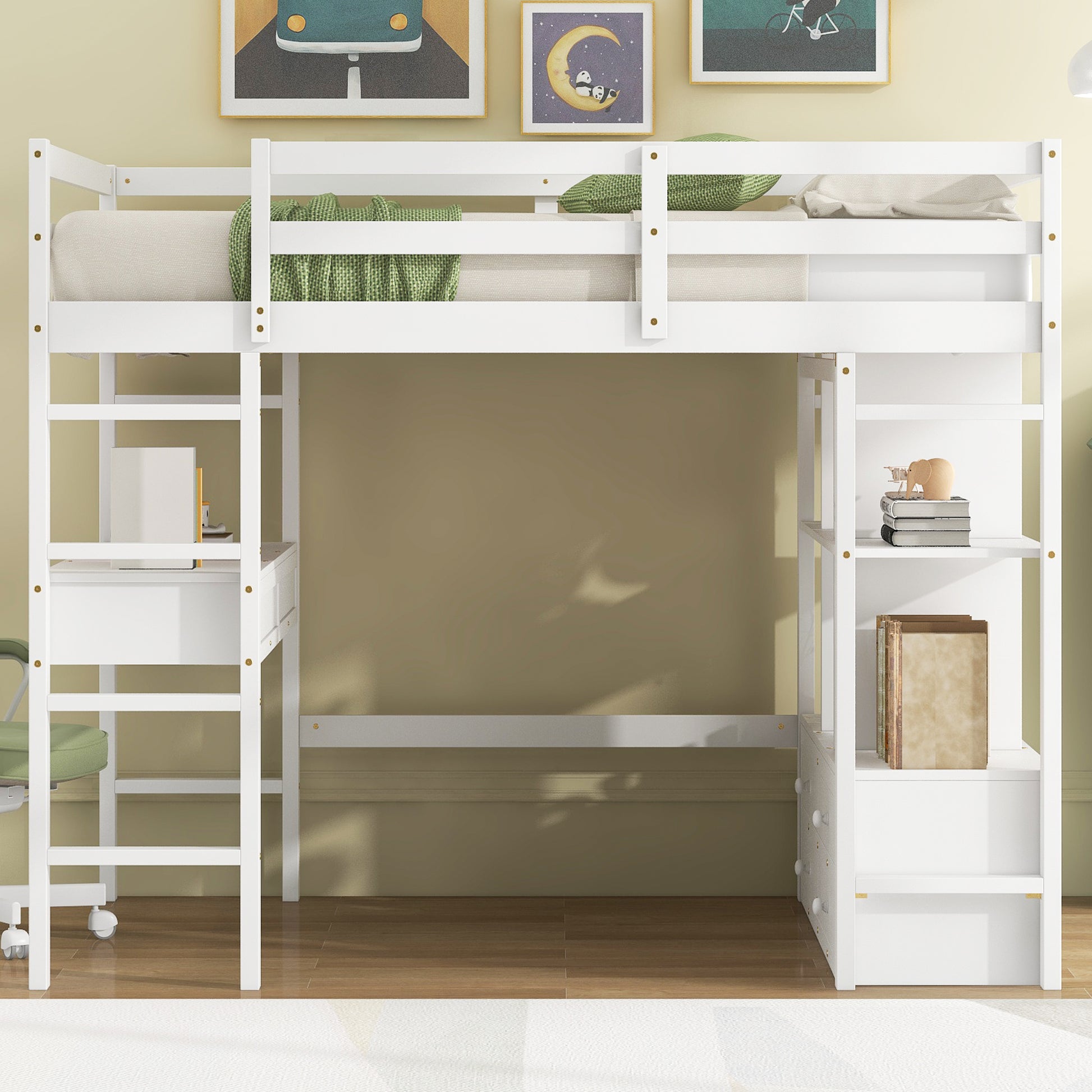 Full Size Loft Bed With Built In Desk With Two Drawers, And Storage Shelves And Drawers,White Old Sku:Gx000320Aak 1 Box Spring Not Required Full White Wood Bedroom Pine