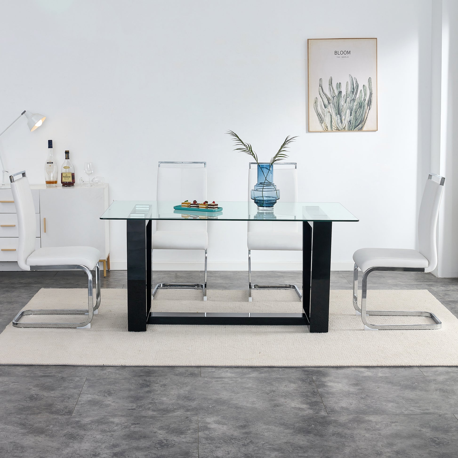 Seating 6 8 People, This Modern, Minimalist Rectangular Dining Table Features A Tempered Glass Top And A Sleek Black Mdf Stand. Suitable For Kitchen, Dining Room, Living Room, Meeting Room Transparent Mdf Glass