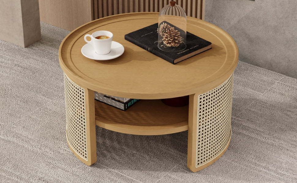2 Tiered Round Natural Wood Coffee Table With Storage Rattan Base In 31.3'' Natural Rubber Wood