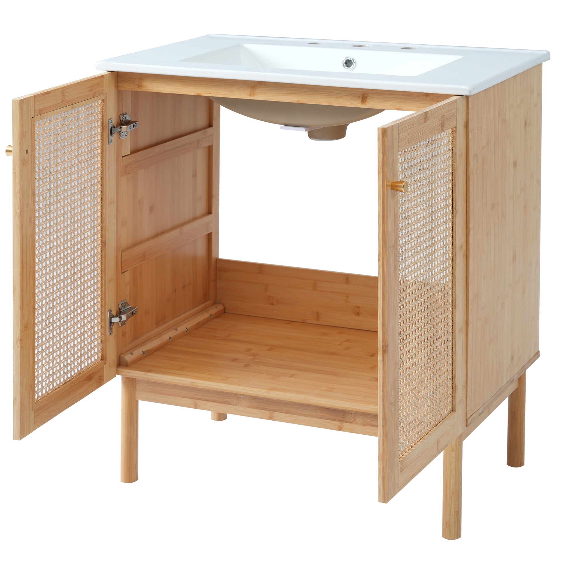 30 Inch Bathroom Vanity Crafted From Natural Materials, Featuring Handmade Rattan Doors And Soft Closing Mechanisms Wood Wood Rattan